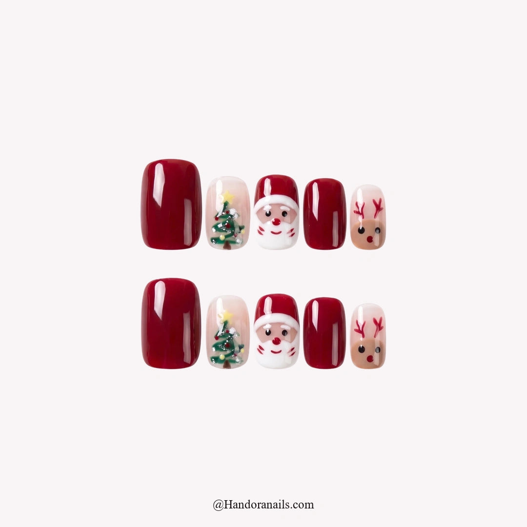 Santa Party Christmas press-on nails - white background by Handora Nails