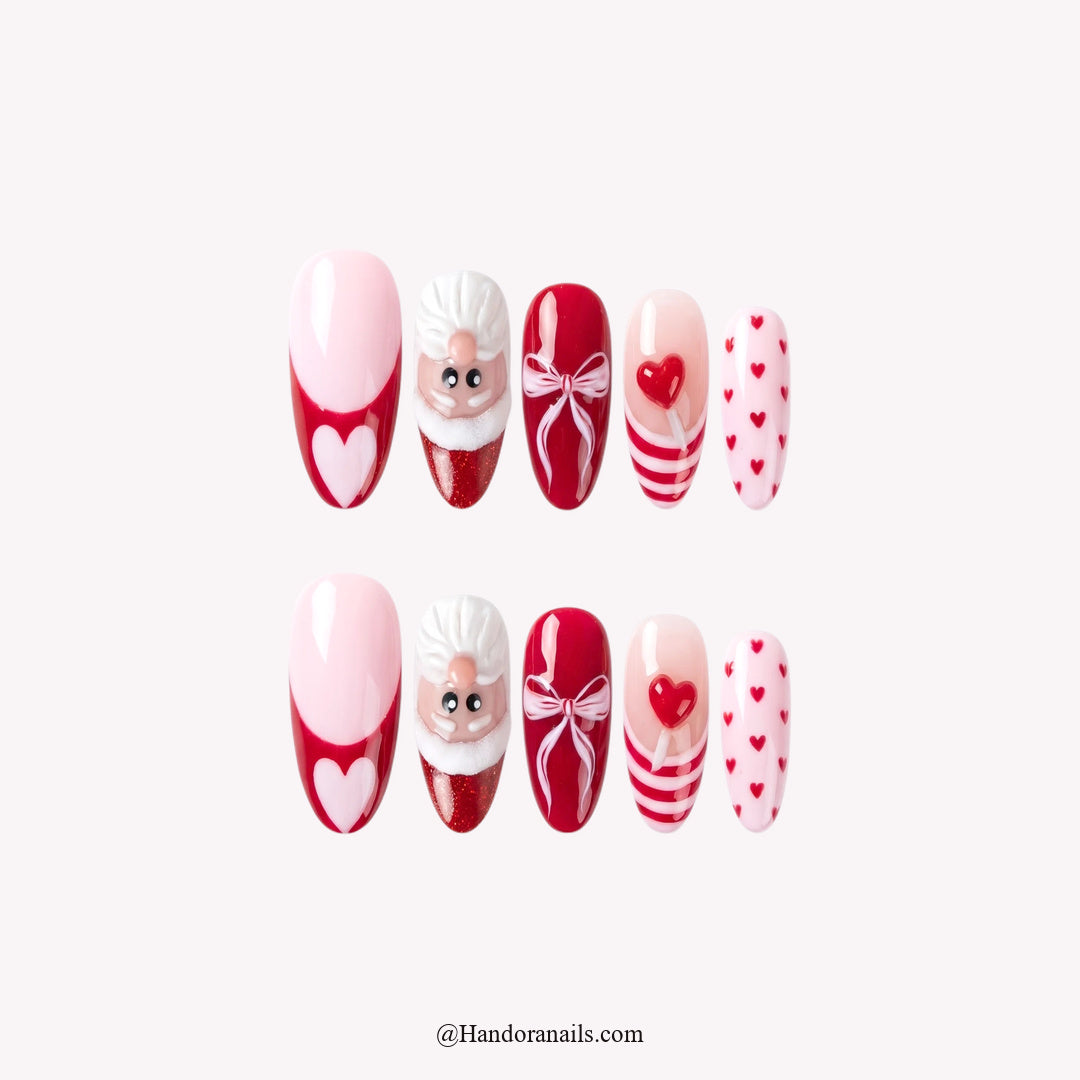 Santa Pop Christmas press-on nails – full set on white background by Handora Nails