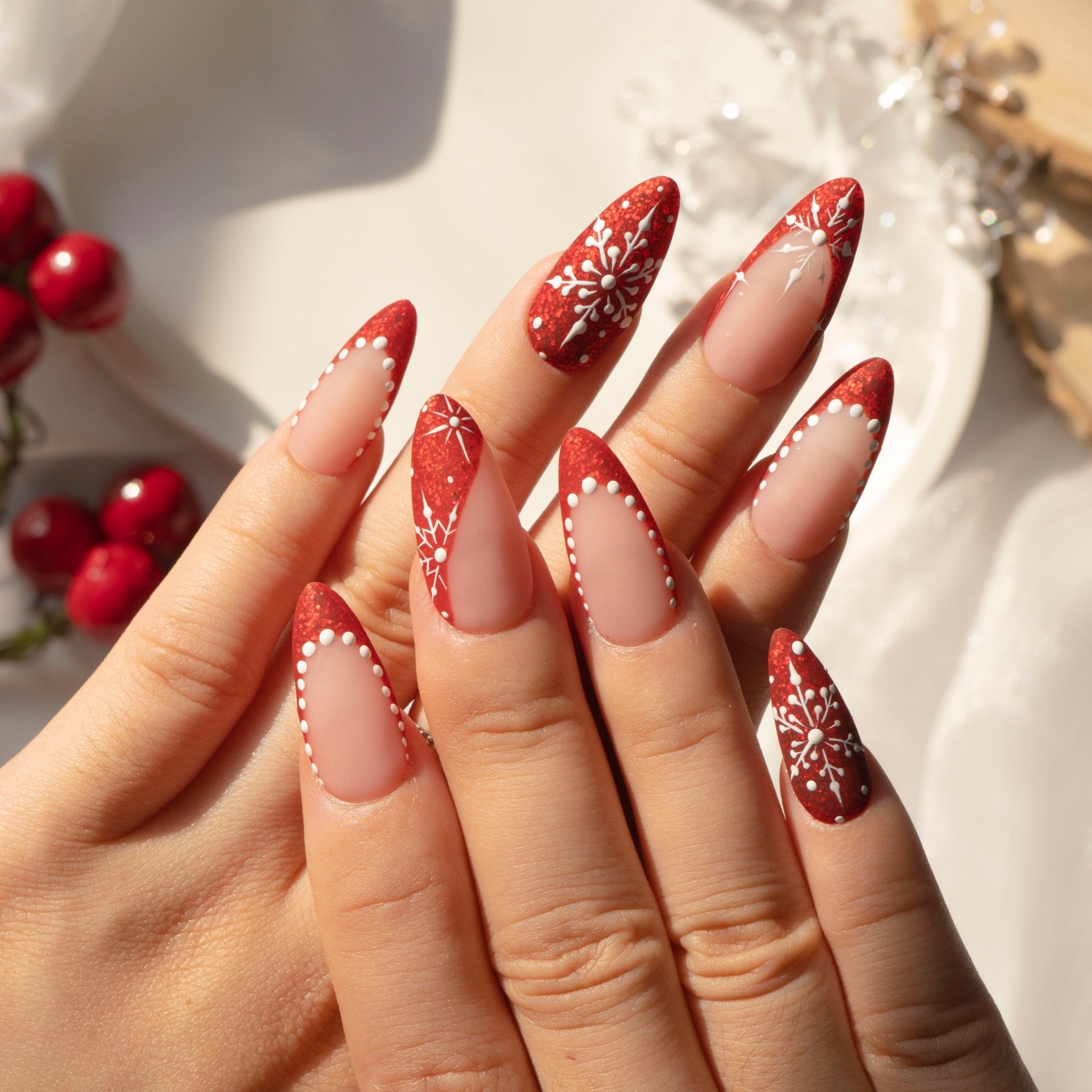 Scarlet Snow press-on nails – design close-up by Handora