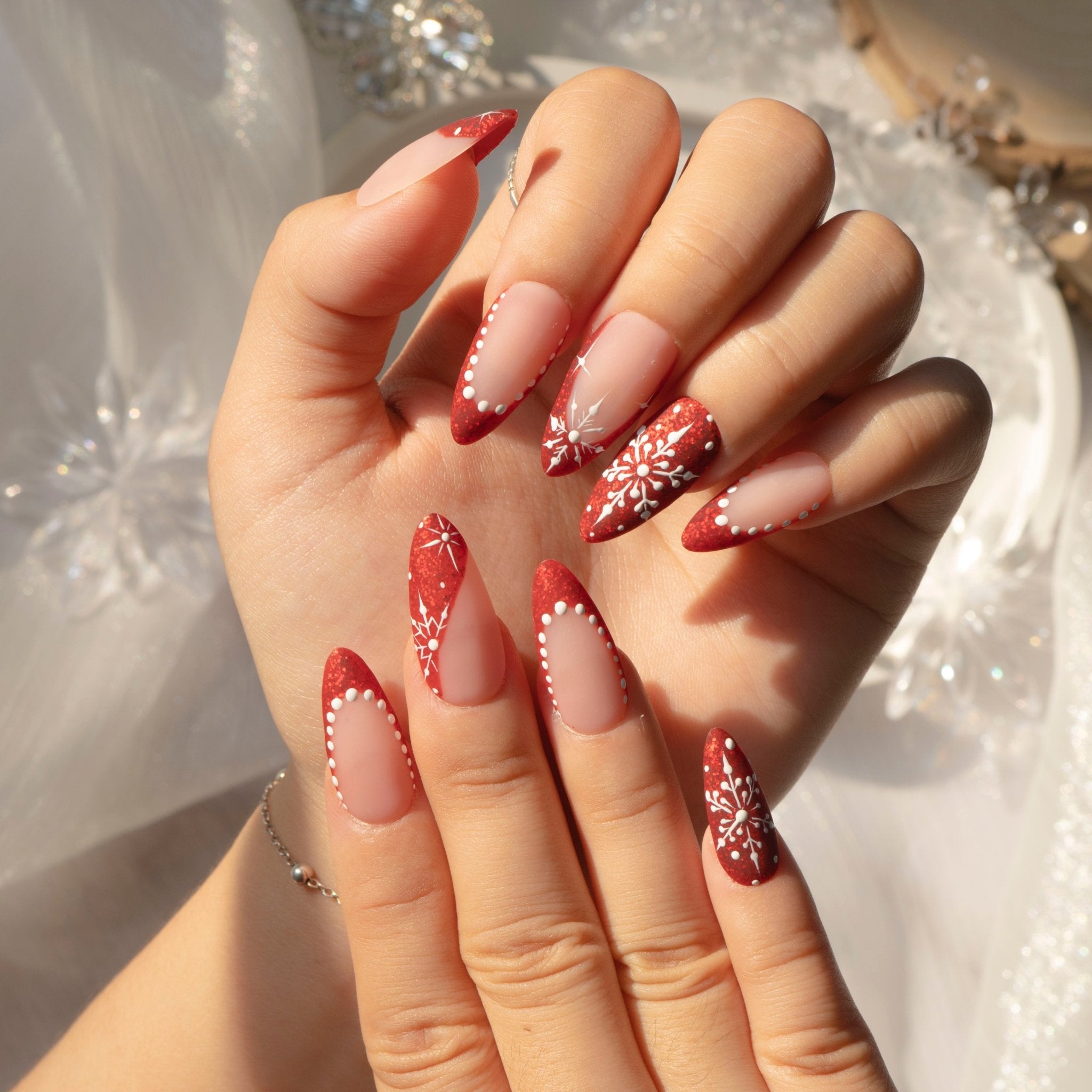 Scarlet Snow press-on nails – hand-painted reusable gel set by Handora