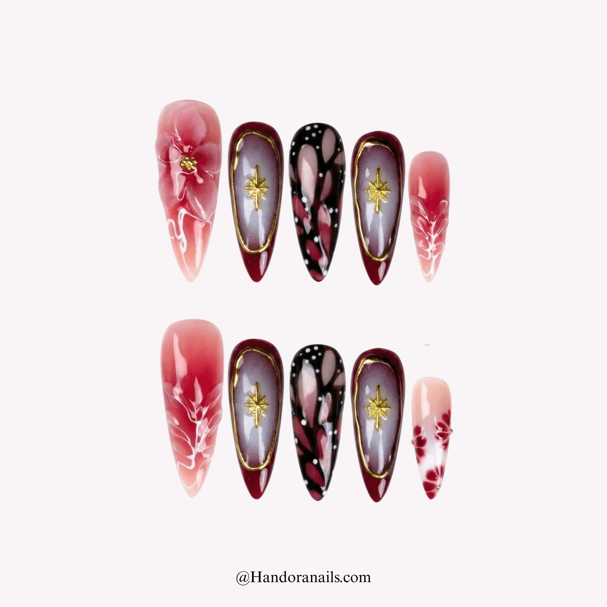 Scarlet Star red stiletto floral press-on nails by Handora