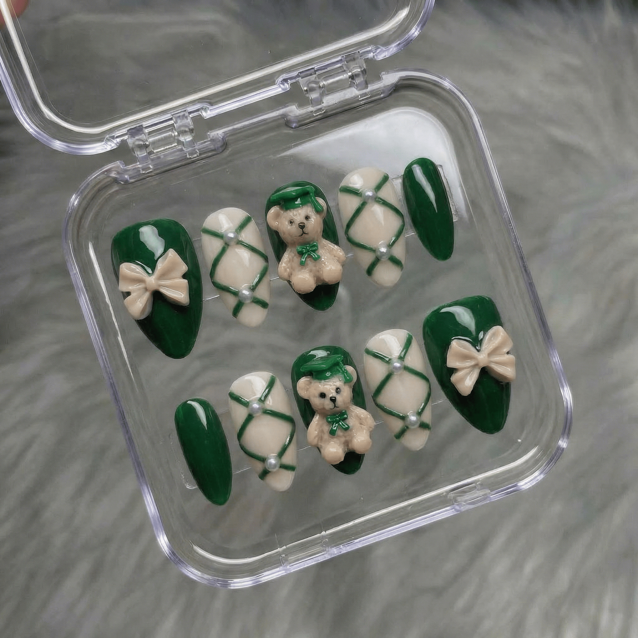 Scholar Bear press-on nails – hand-painted reusable gel set by Handora