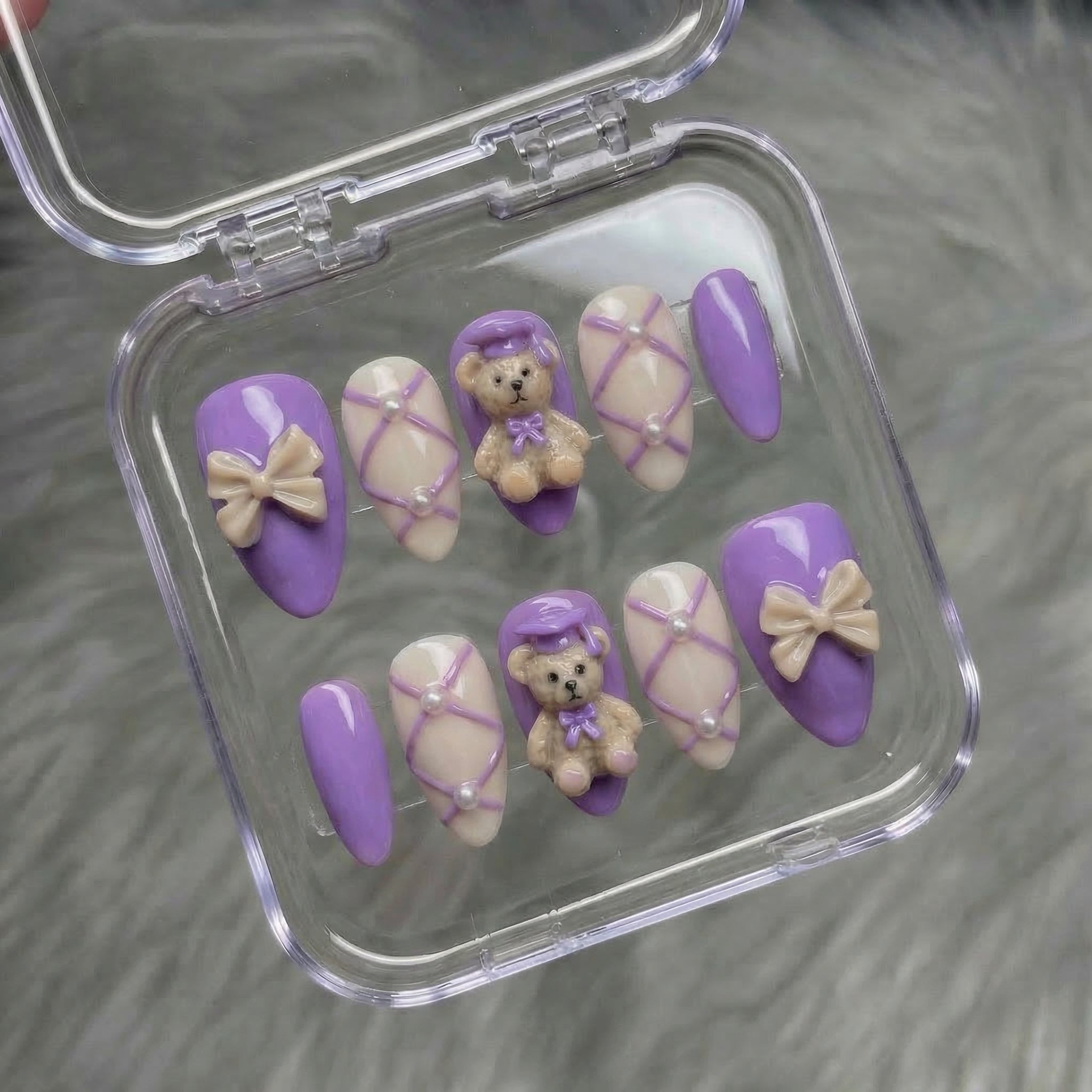 Scholar Bear salon-quality handmade press-on nails by Handora