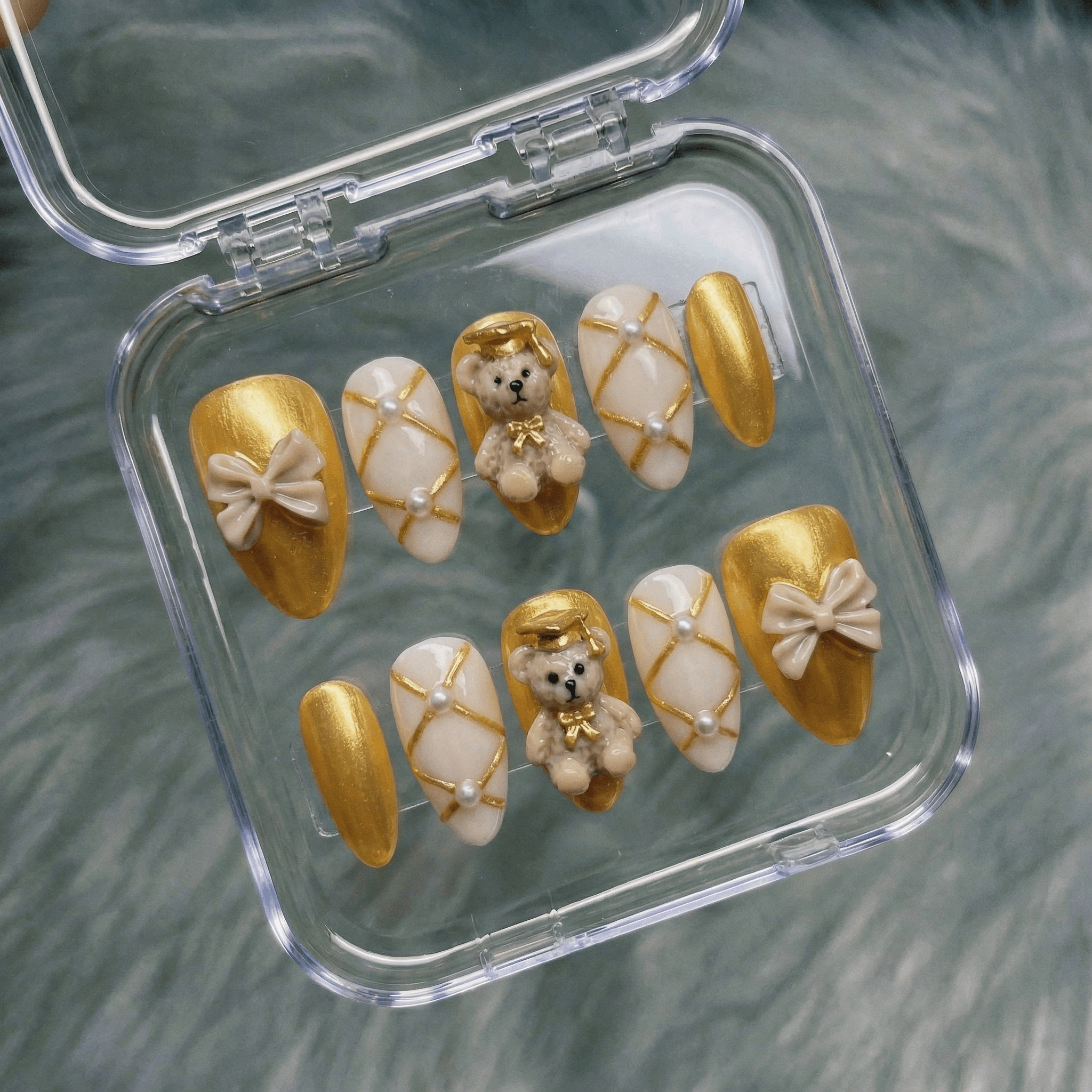 Scholar Bear cute nail design – handmade press-on nails by Handora