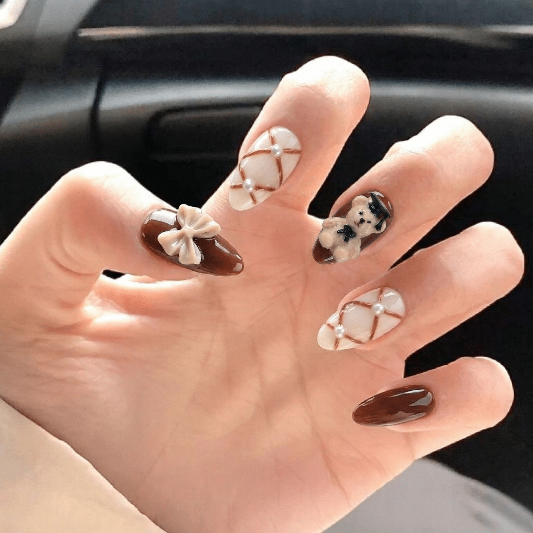 Scholar Bear cute nail design – handmade press-on nails by Handora