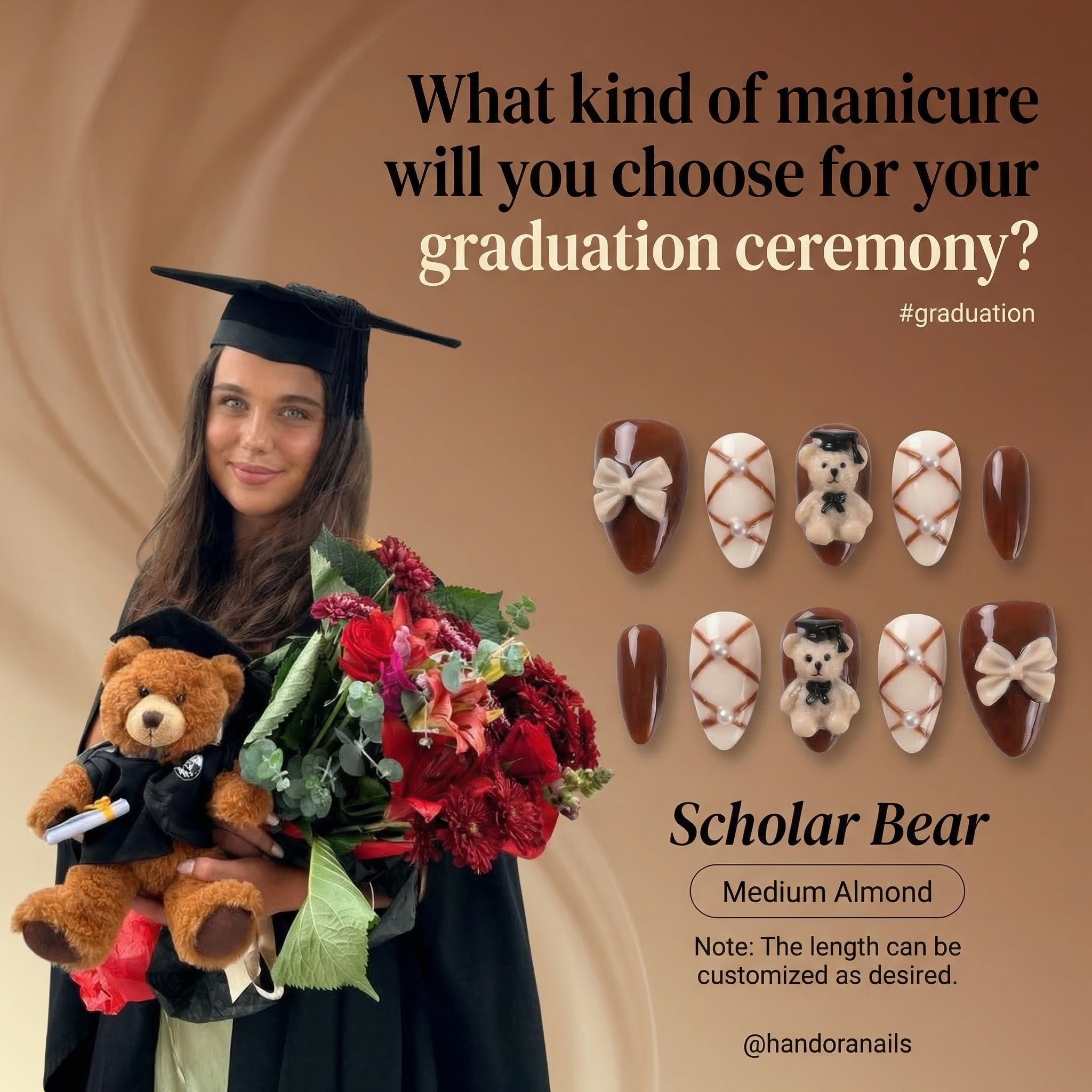 Scholar Bear press-on nails – hand-painted reusable gel set by Handora