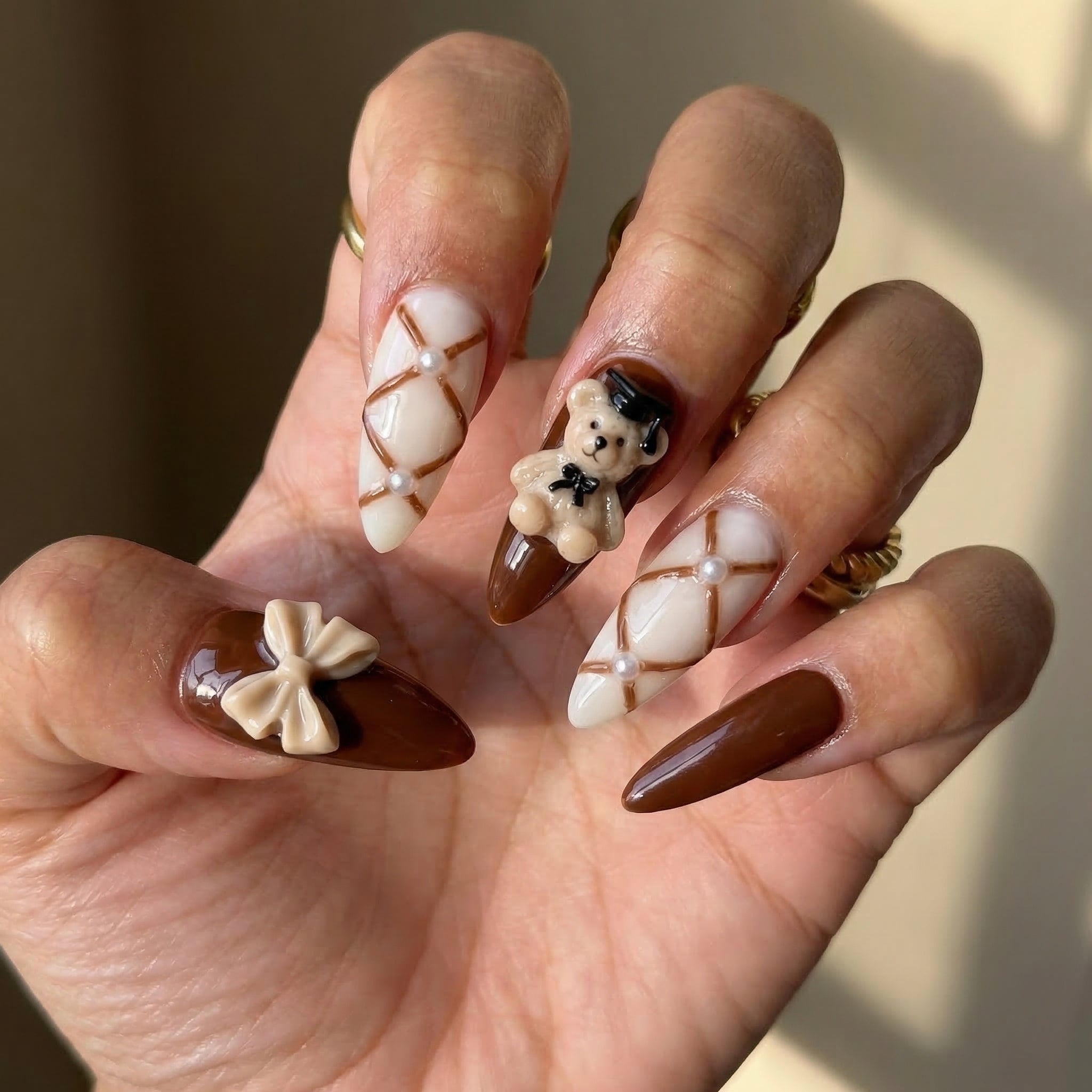 Scholar Bear press-on nails – design close-up by Handora