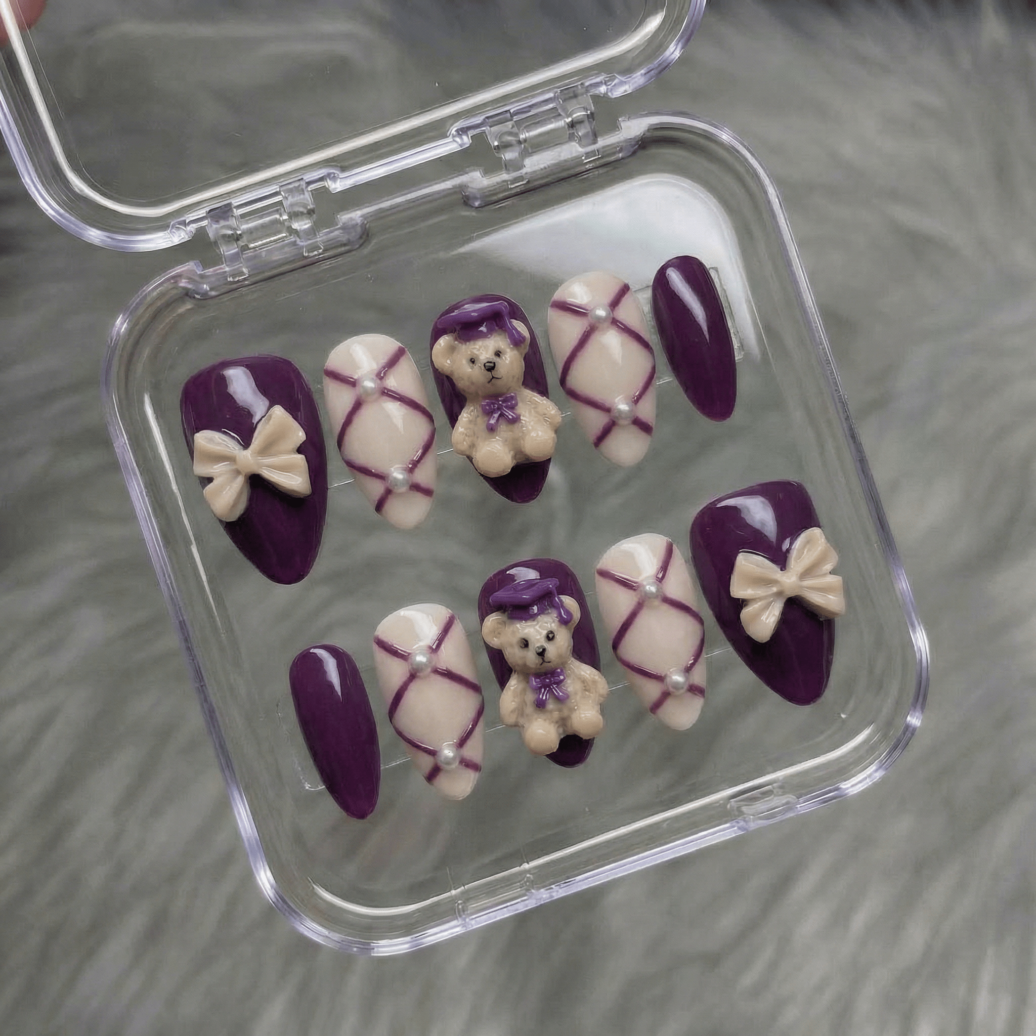 Scholar Bear press-on nails – hand-painted reusable gel set by Handora