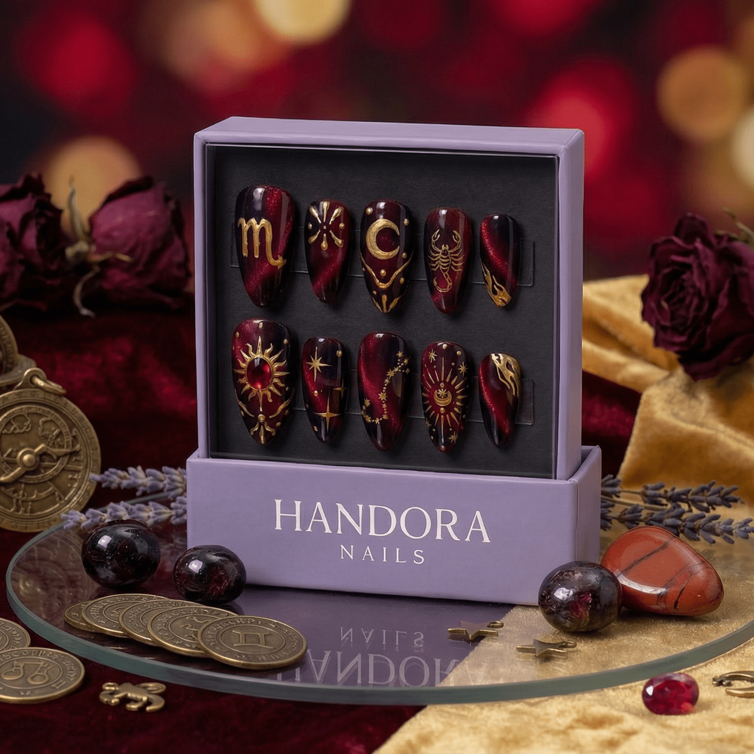 Scorpio Mystique press-on nails – hand-painted reusable gel set by Handora