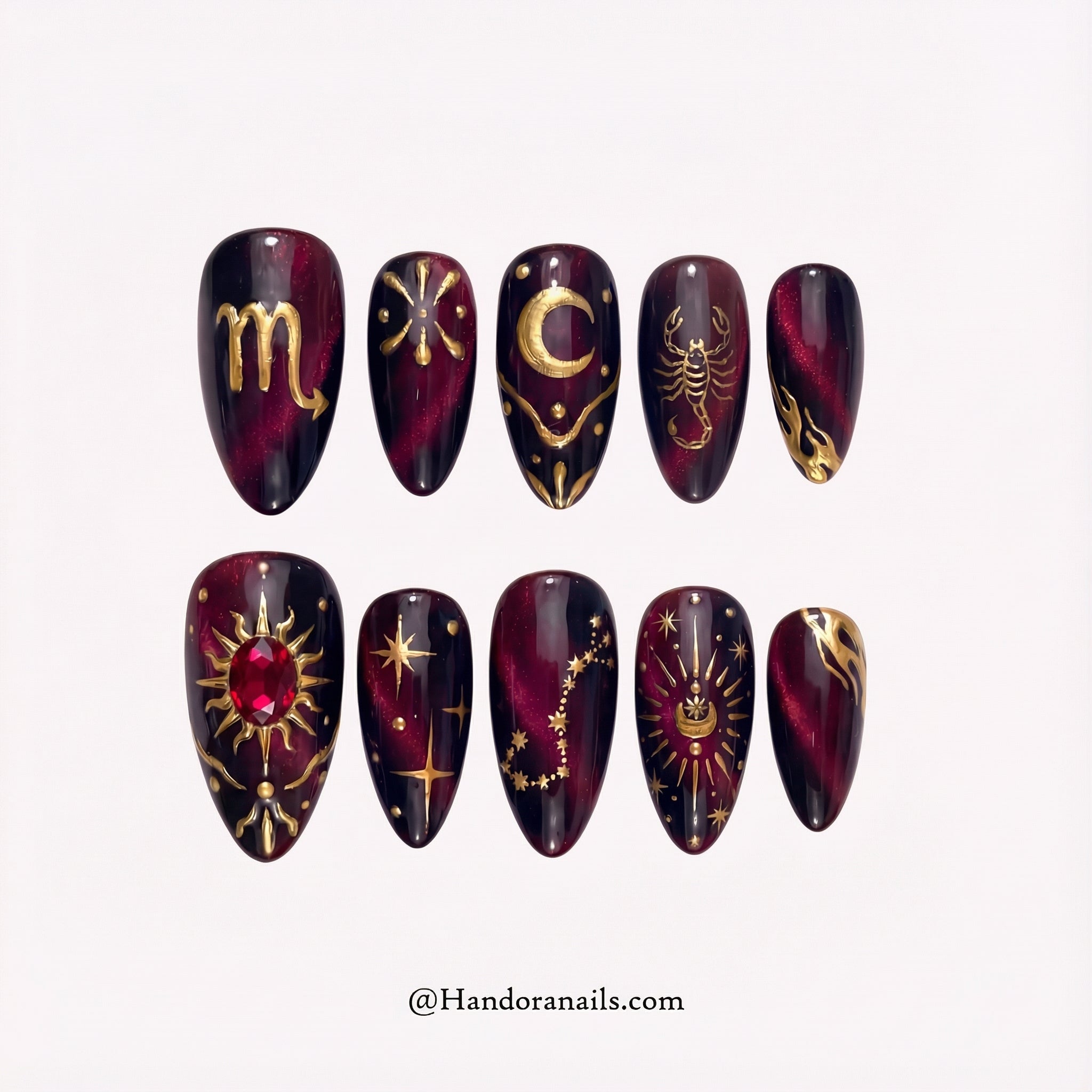 Scorpio Mystique press-on nails – design close-up by Handora