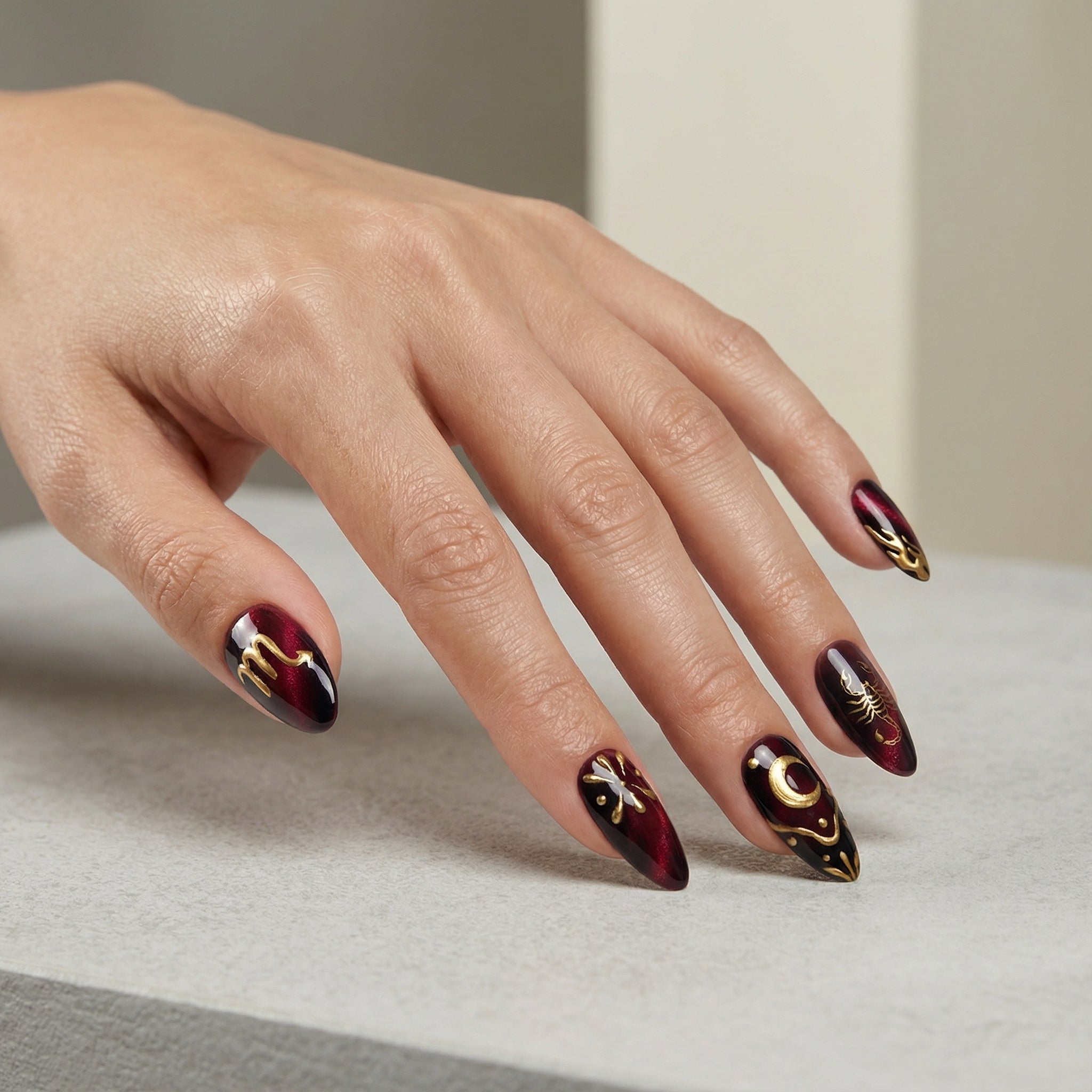 Scorpio Mystique cat eye nail design – handmade press-on nails by Handora