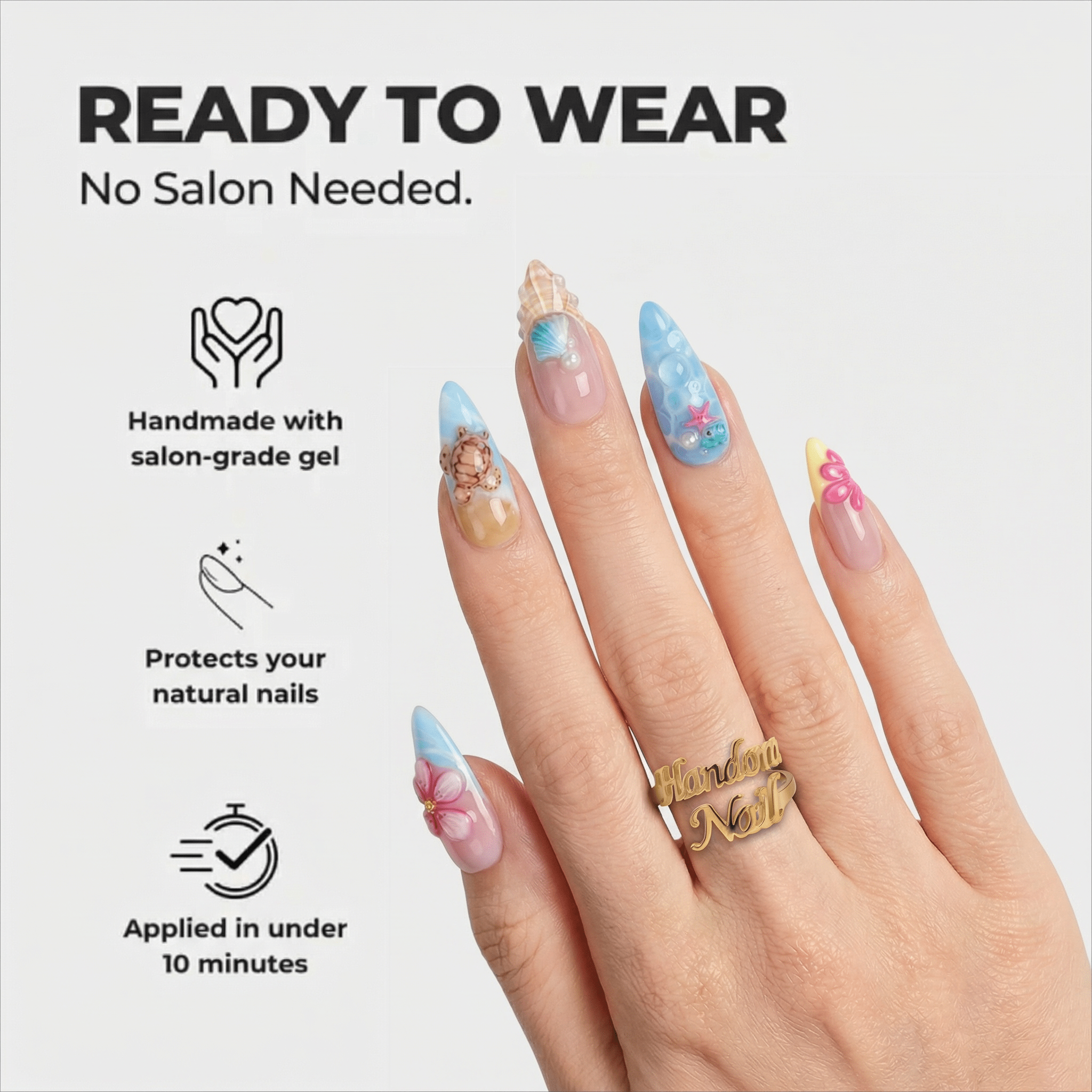 Seaside Blossom press-on nails – design close-up by Handora
