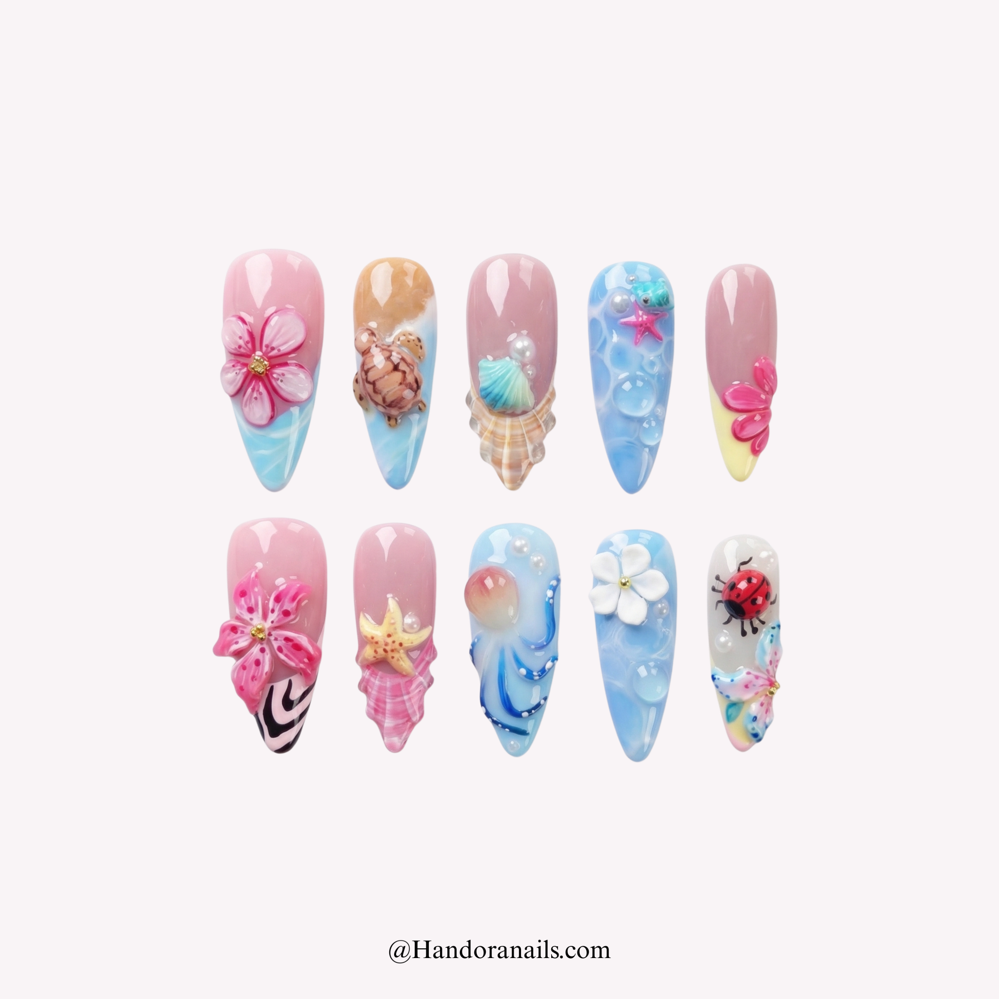 Seaside Blossom floral press-on nails by Handora