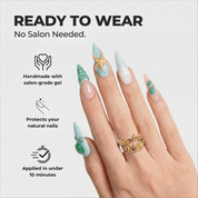 Seaside Treasures almond press-on nails – design close-up by Handora