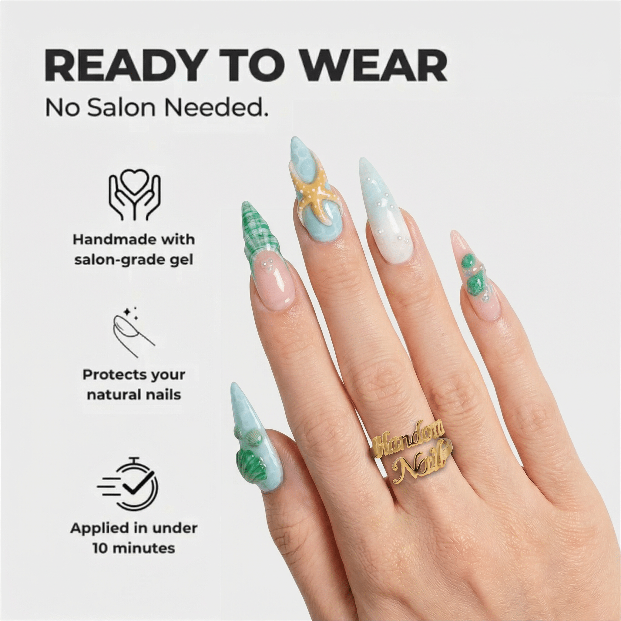 Seaside Treasures almond press-on nails – design close-up by Handora