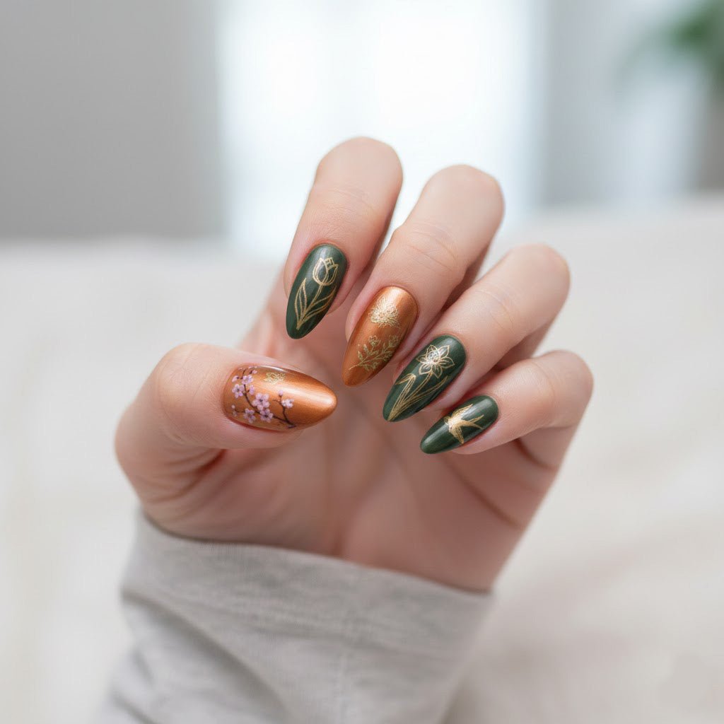 Secret Meadow press-on nails – hand-painted reusable gel set by Handora