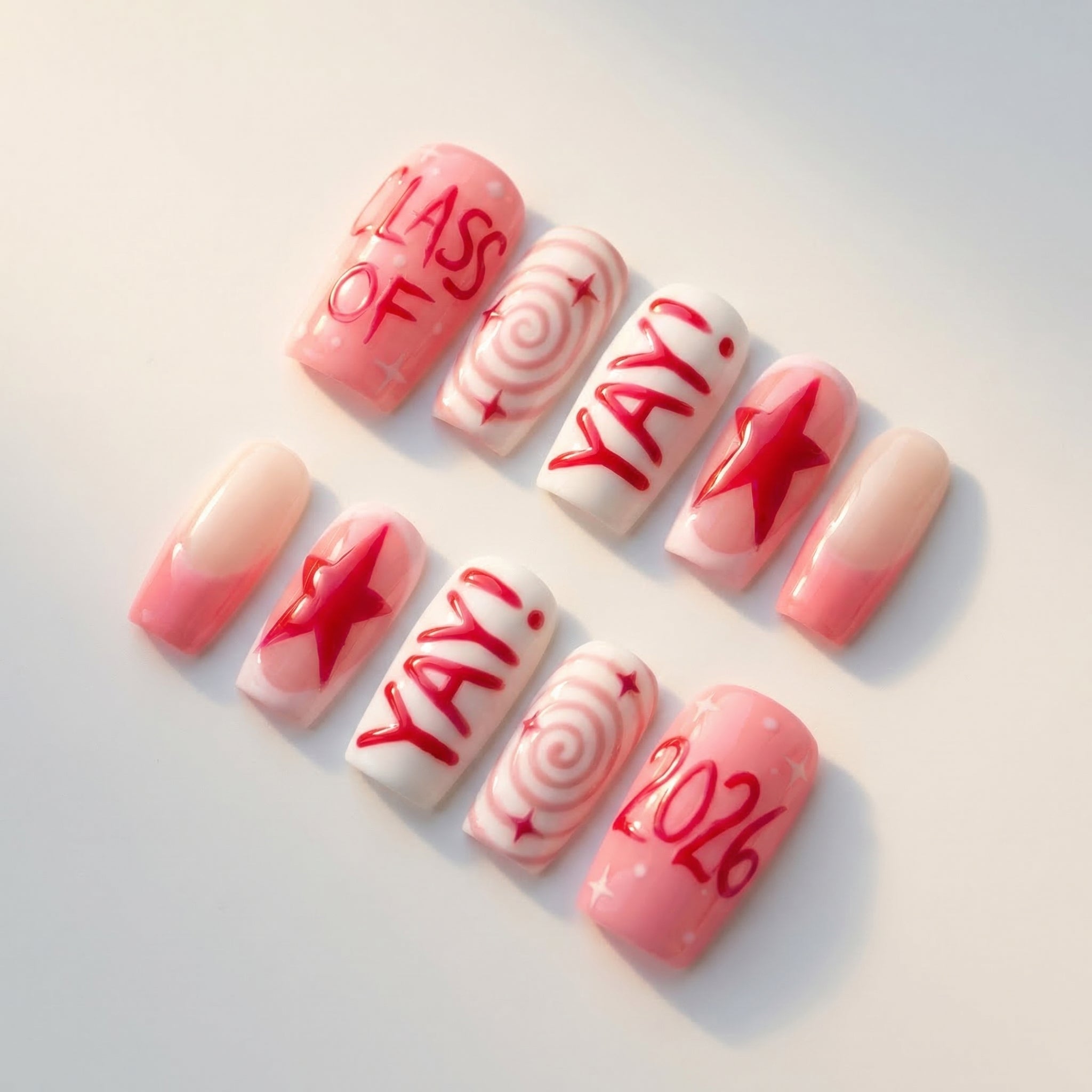 Senior Spirit press-on nails worn on hand – almond shape by Handora