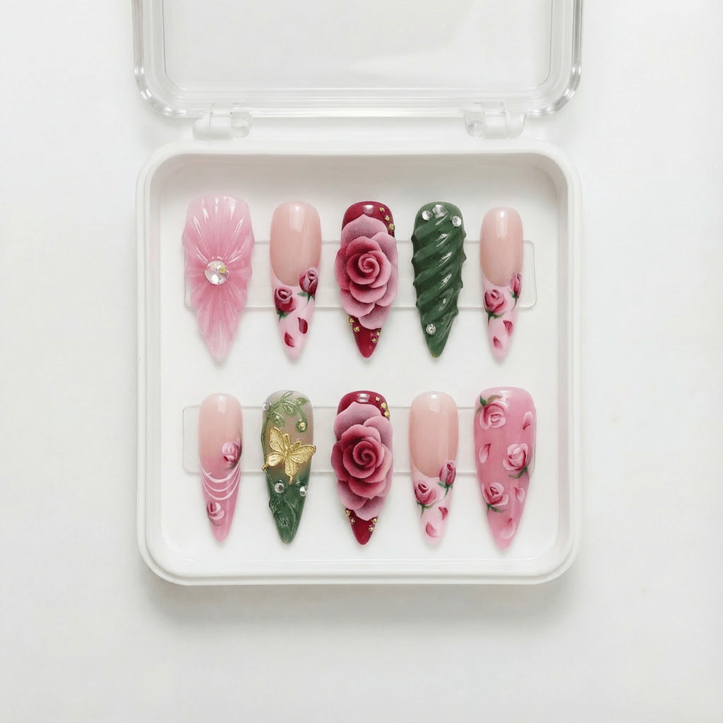 Shell Blossom press-on nails – design close-up by Handora