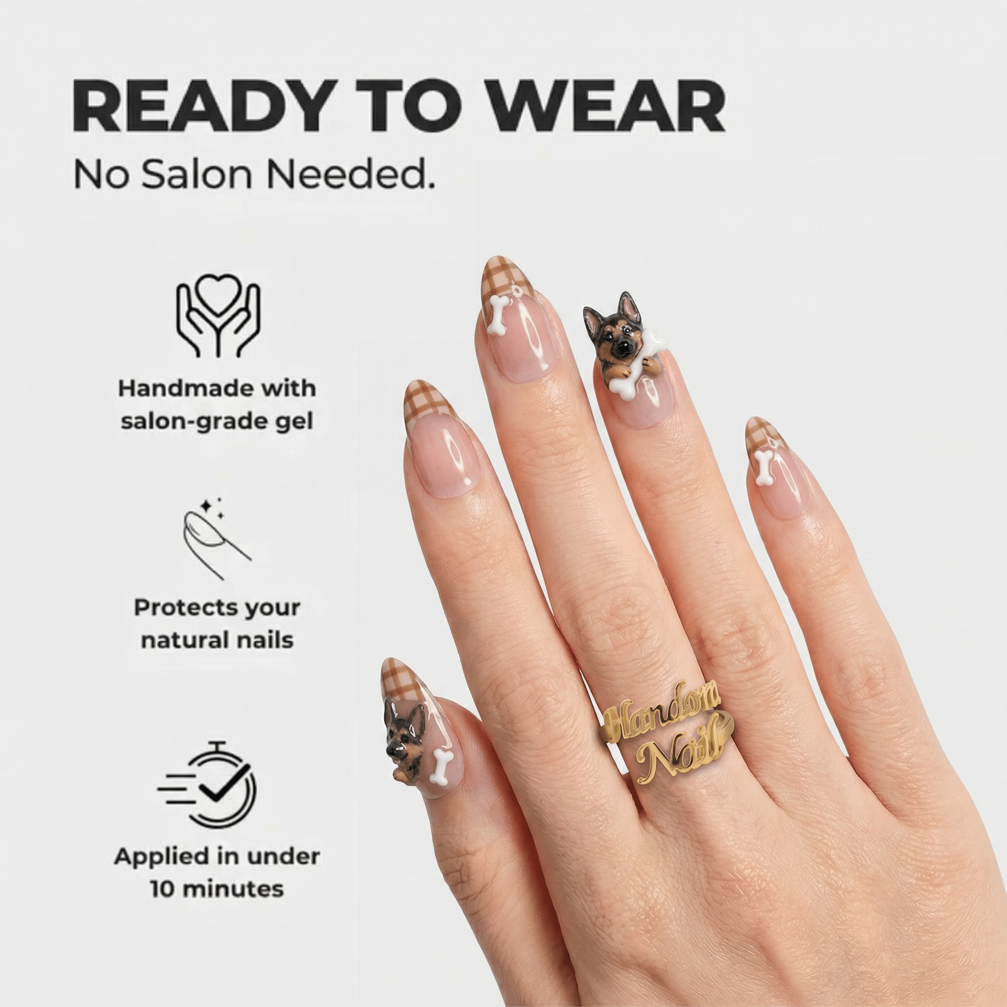 Shepherd Plaid almond press-on nails – design close-up by Handora