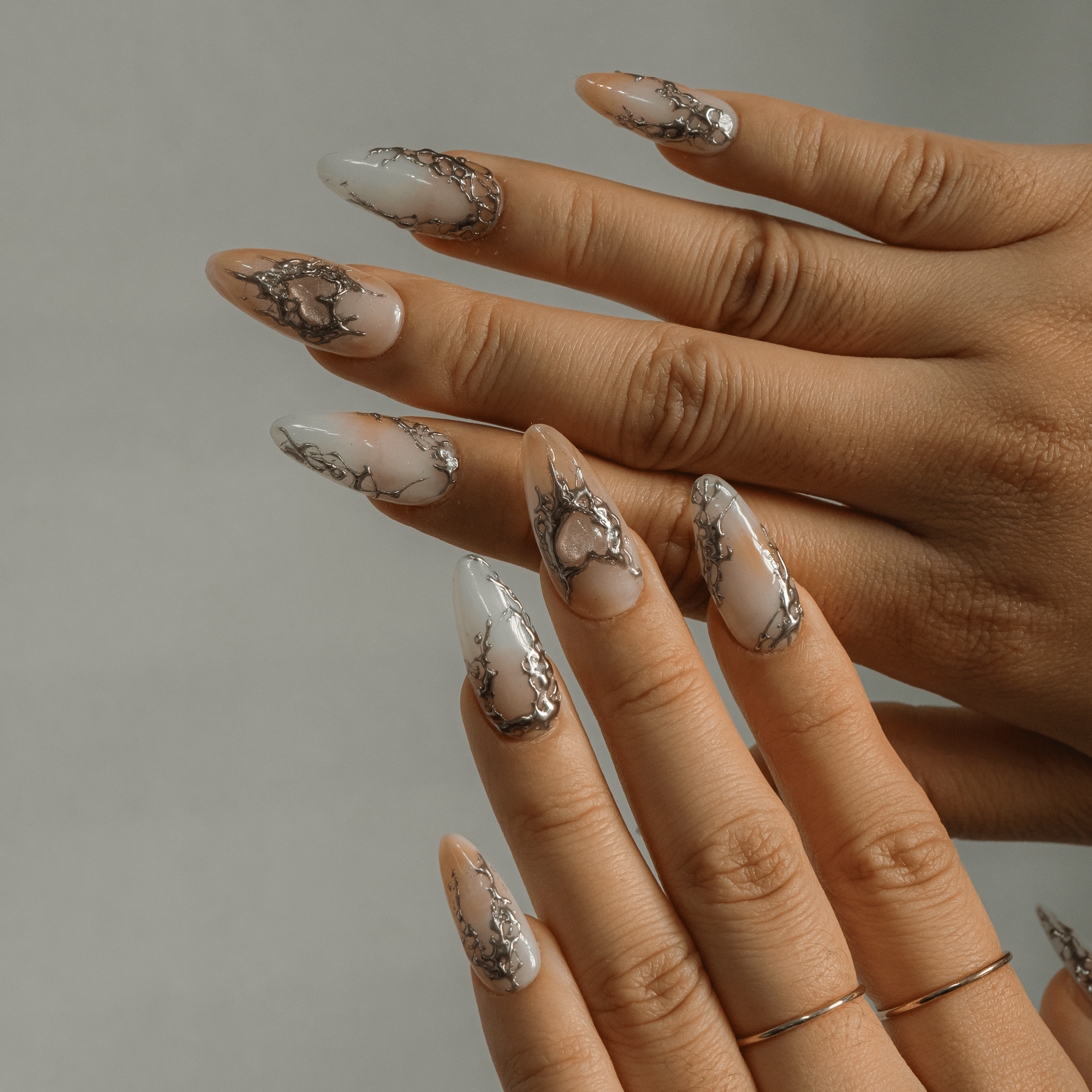 Silver Aura 3d nail design – handmade press-on nails by Handora