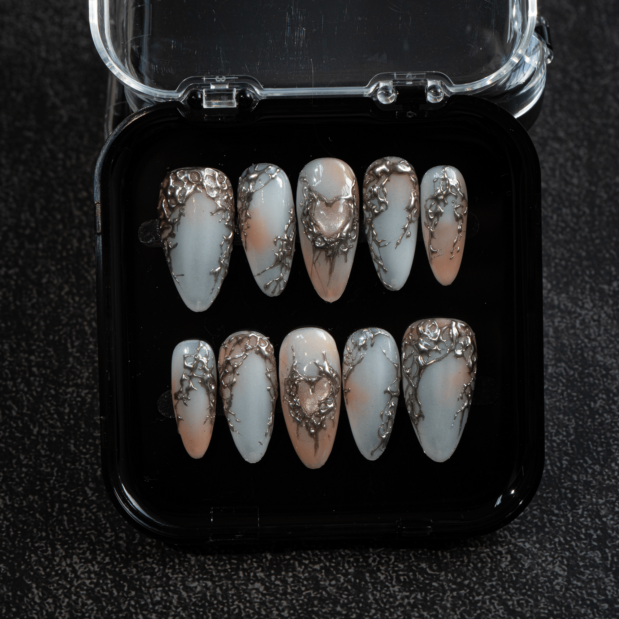 Silver Aura salon-quality handmade press-on nails by Handora