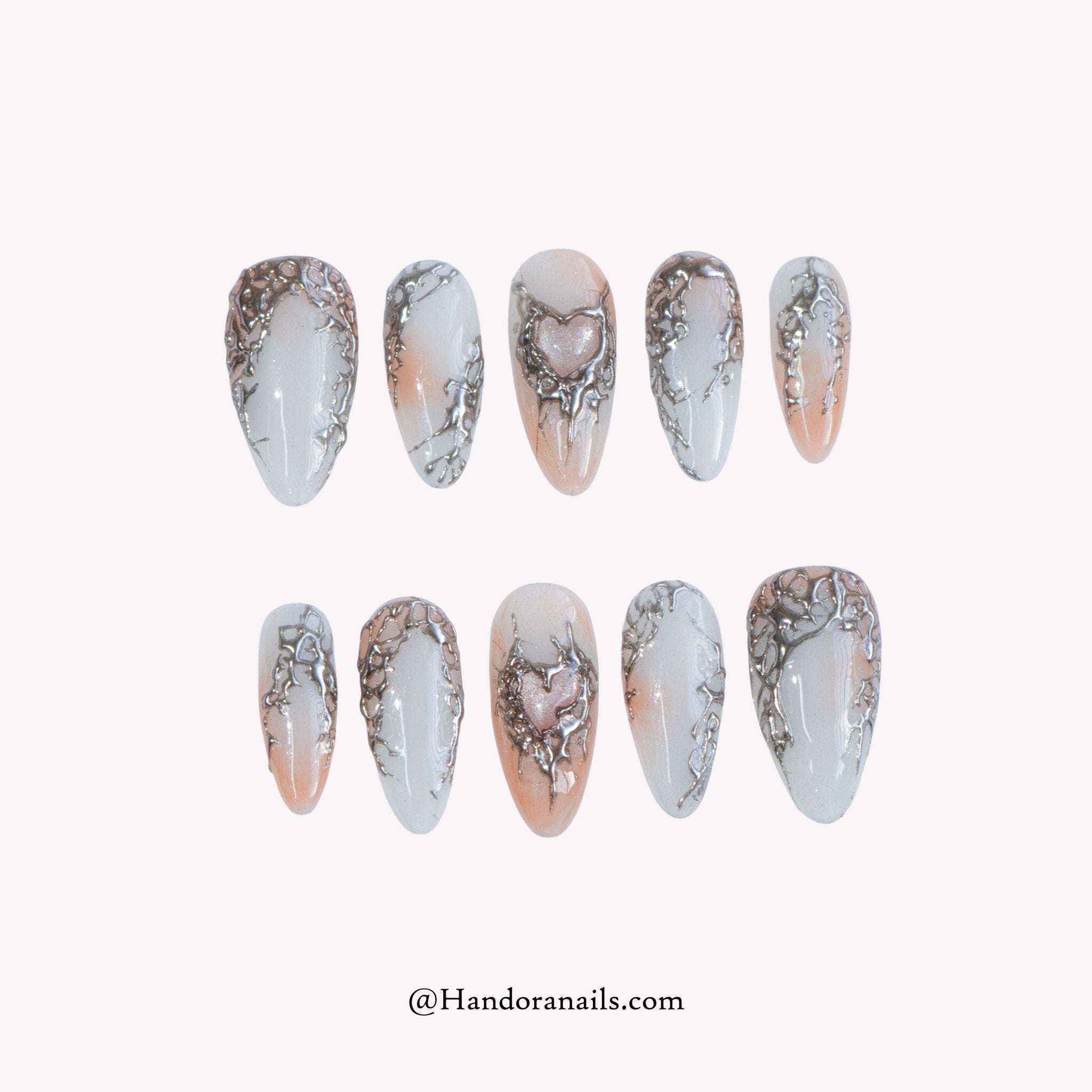 Silver Aura silver almond 3d press-on nails by Handora