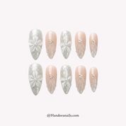 Silver Glaze silver almond floral press-on nails by Handora
