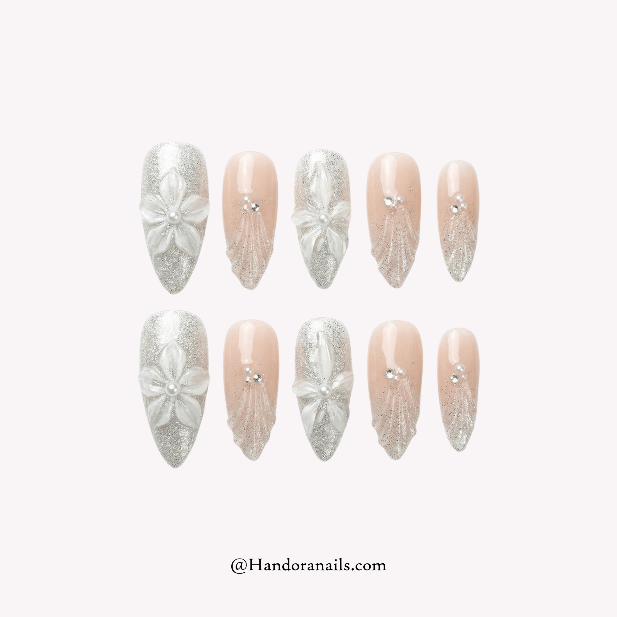 Silver Glaze silver almond floral press-on nails by Handora