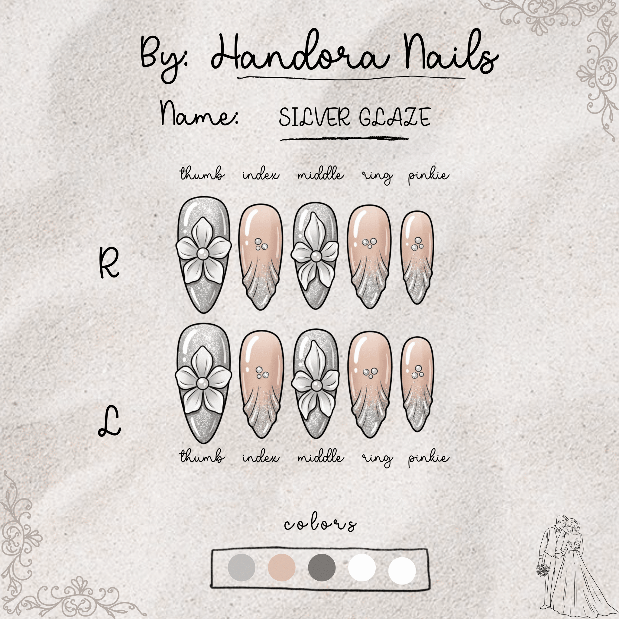 Silver Glaze almond press-on nails – design close-up by Handora