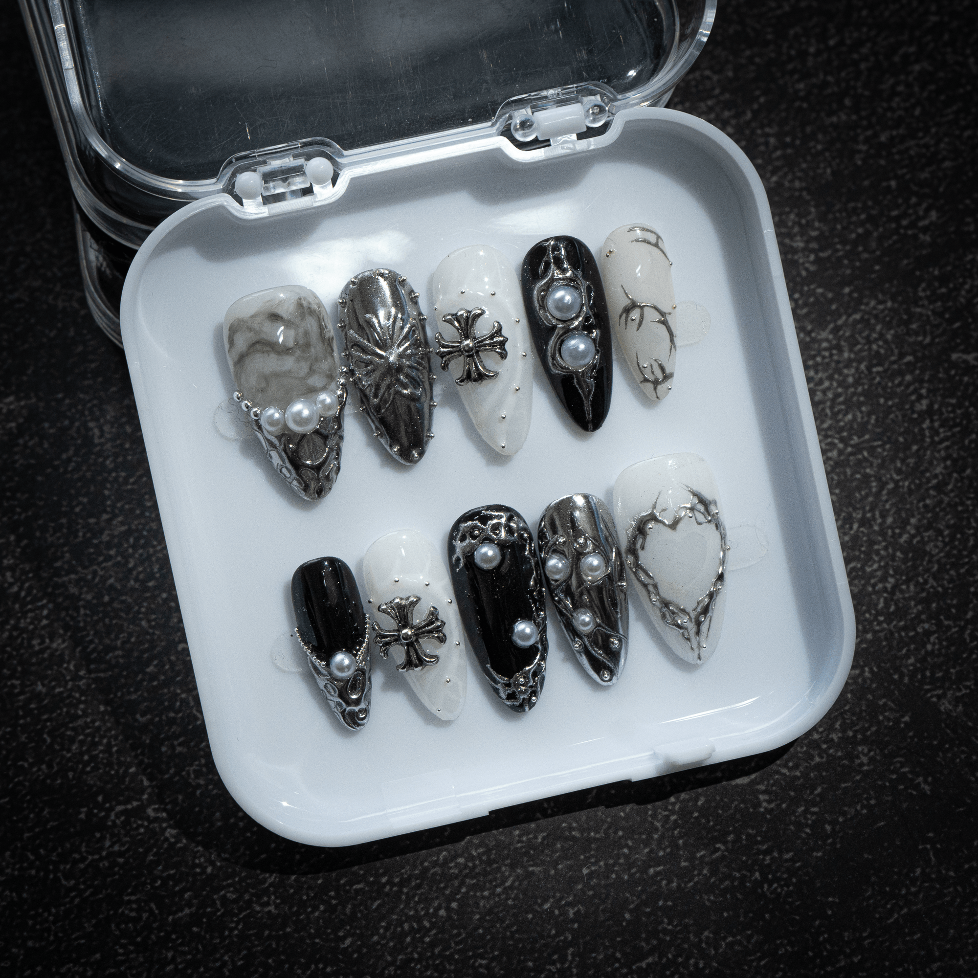 Silver Gothic press-on nails – design close-up by Handora