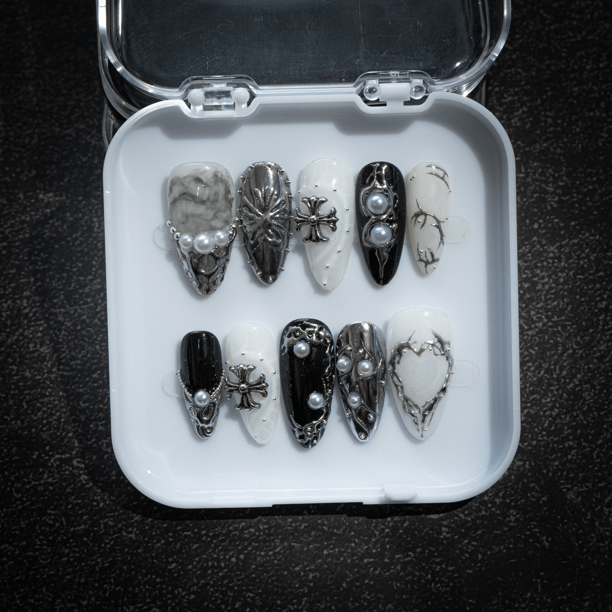 Silver Gothic gothic nail design – handmade press-on nails by Handora