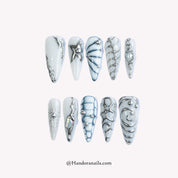 Silver Nebula silver stiletto 3d press-on nails by Handora