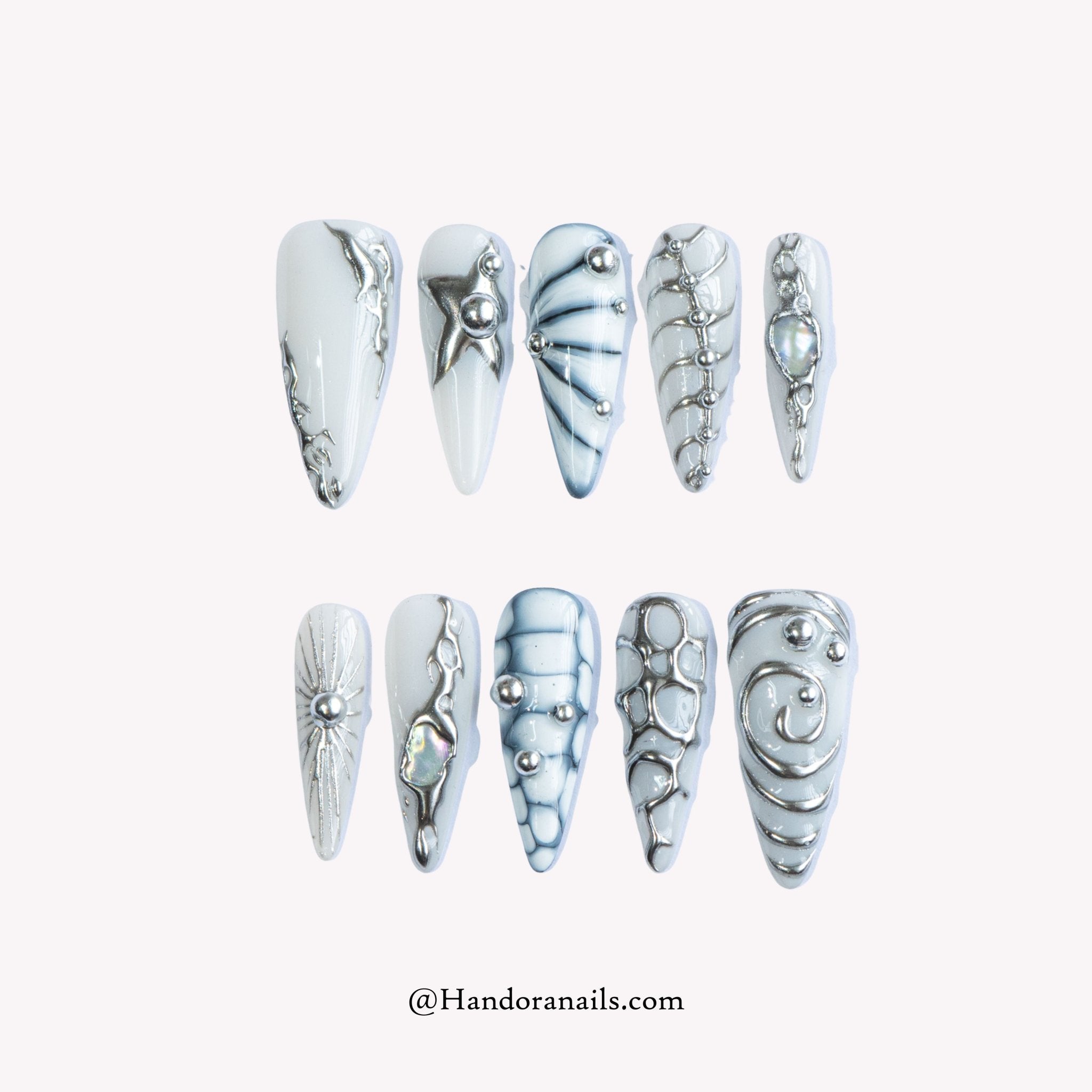 Silver Nebula silver stiletto 3d press-on nails by Handora
