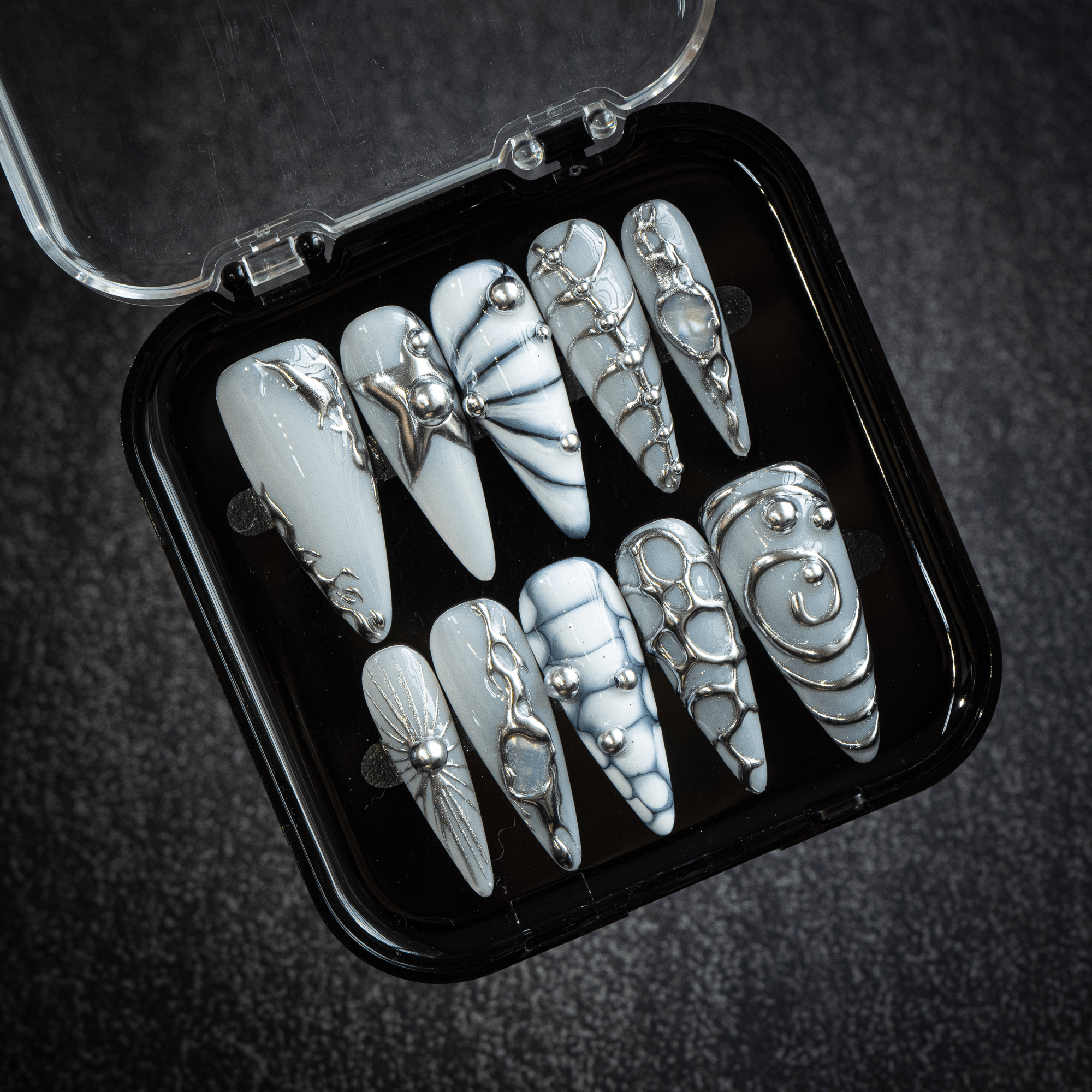 Silver Nebula press-on nails – hand-painted reusable gel set by Handora