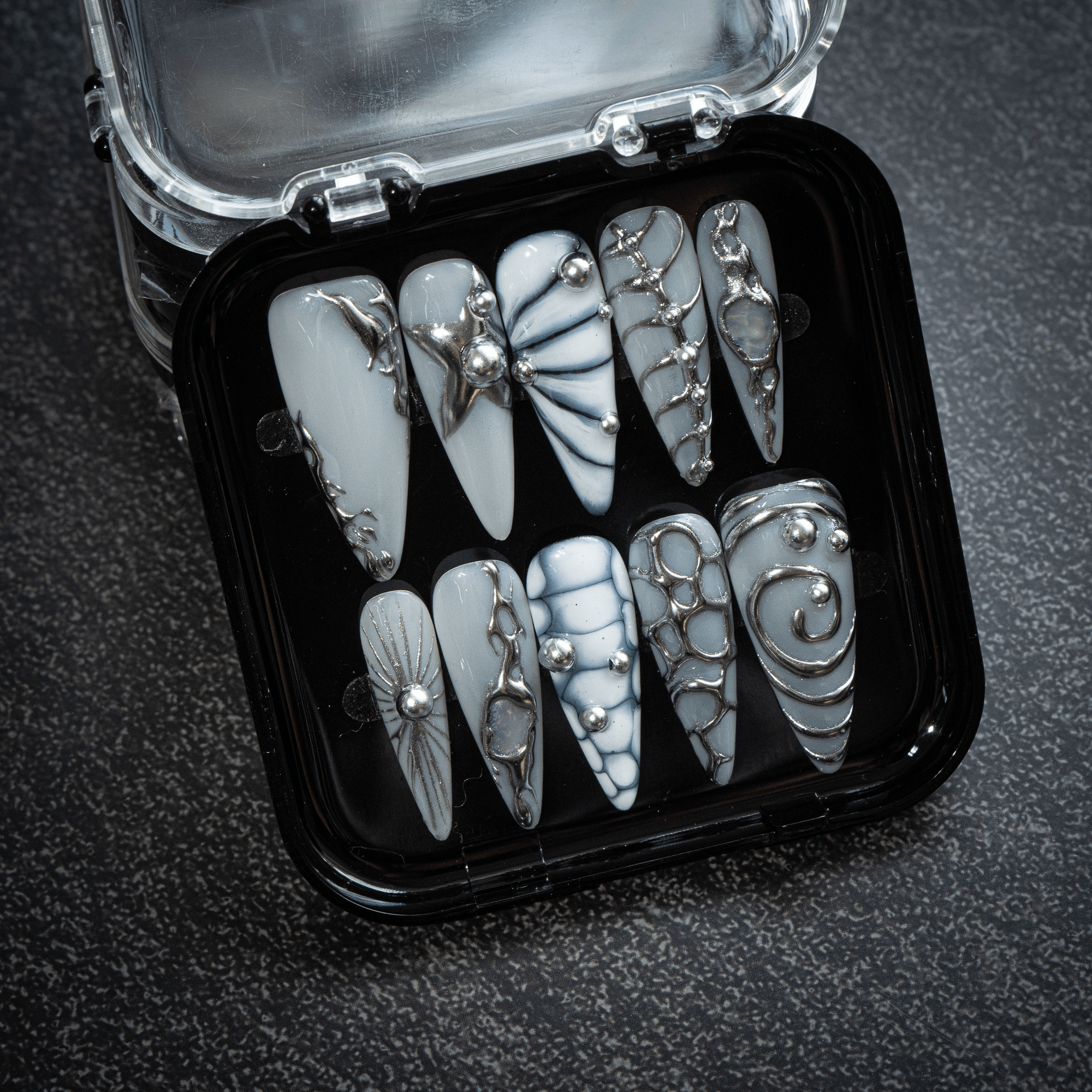 Silver Nebula 3d nail design – handmade press-on nails by Handora