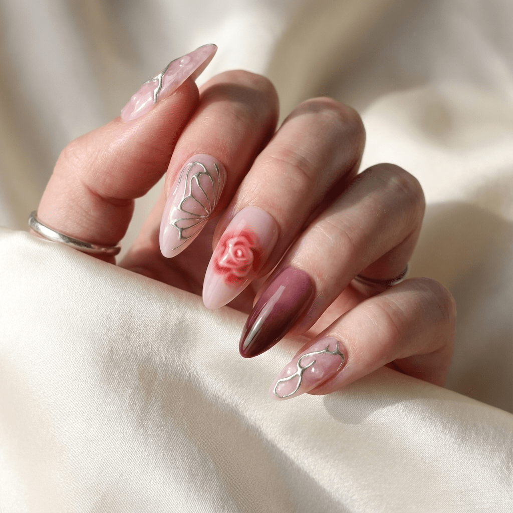 Silver Petals press-on nails – hand-painted reusable gel set by Handora