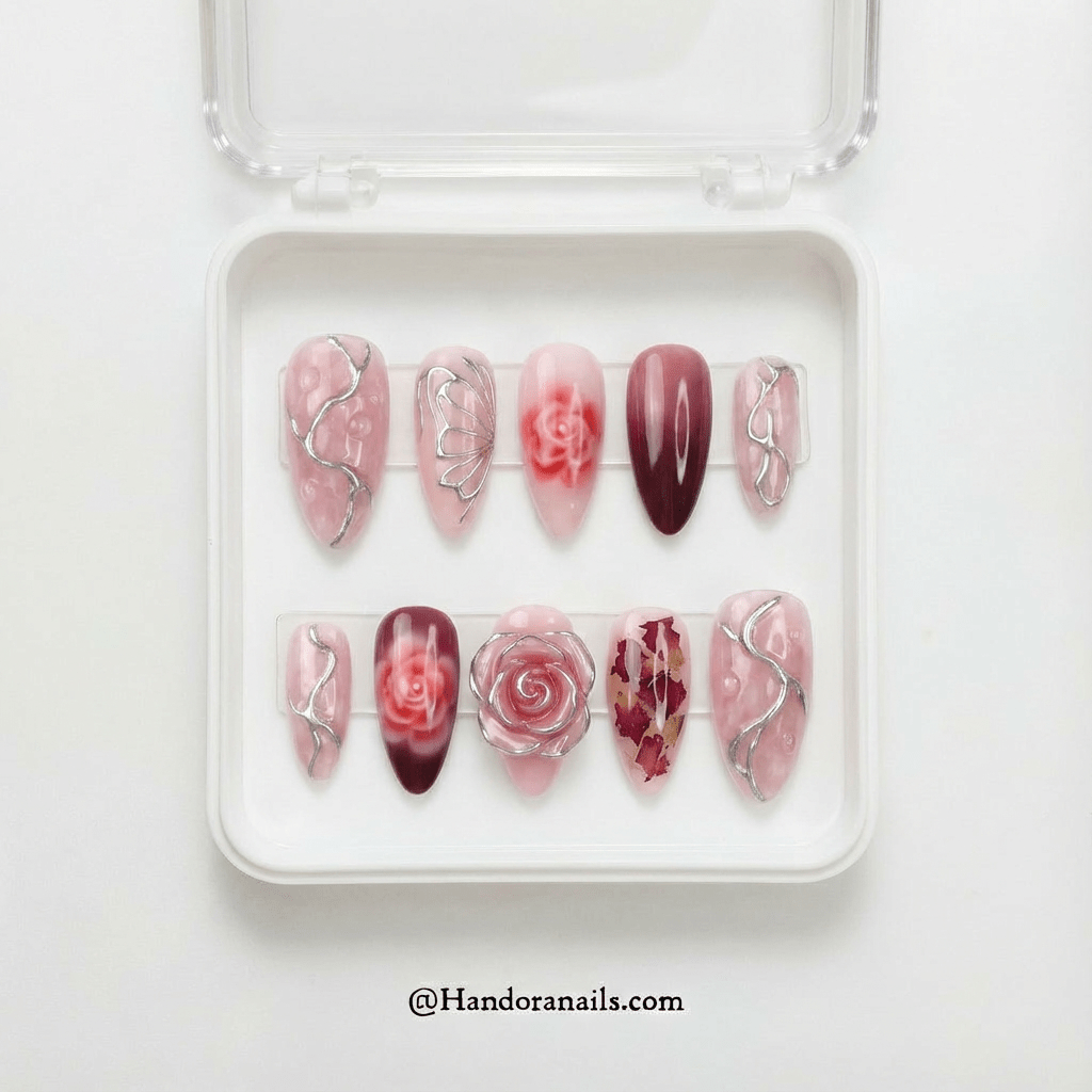 Silver Petals almond press-on nails – design close-up by Handora