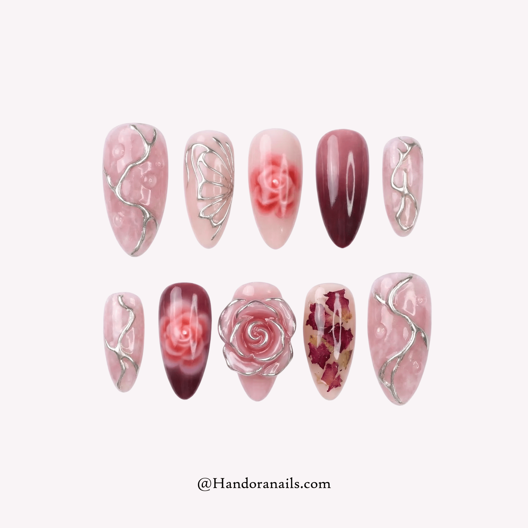 Silver Petals silver almond floral press-on nails by Handora