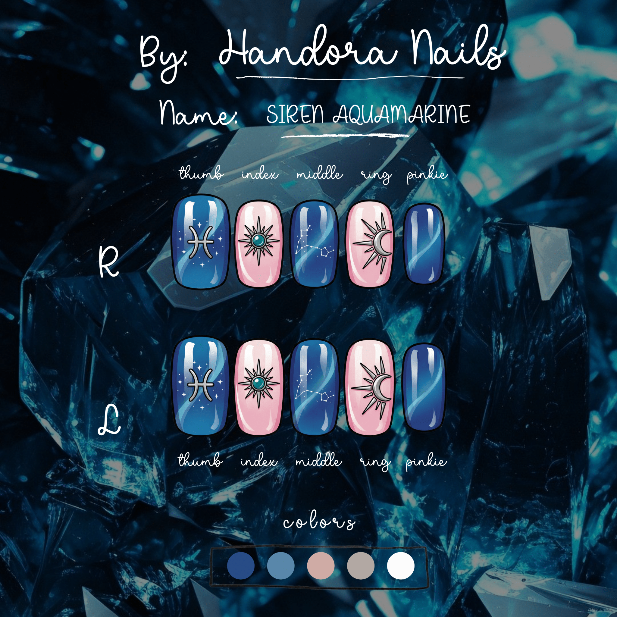 Siren Aquamarine press-on nails – design close-up by Handora