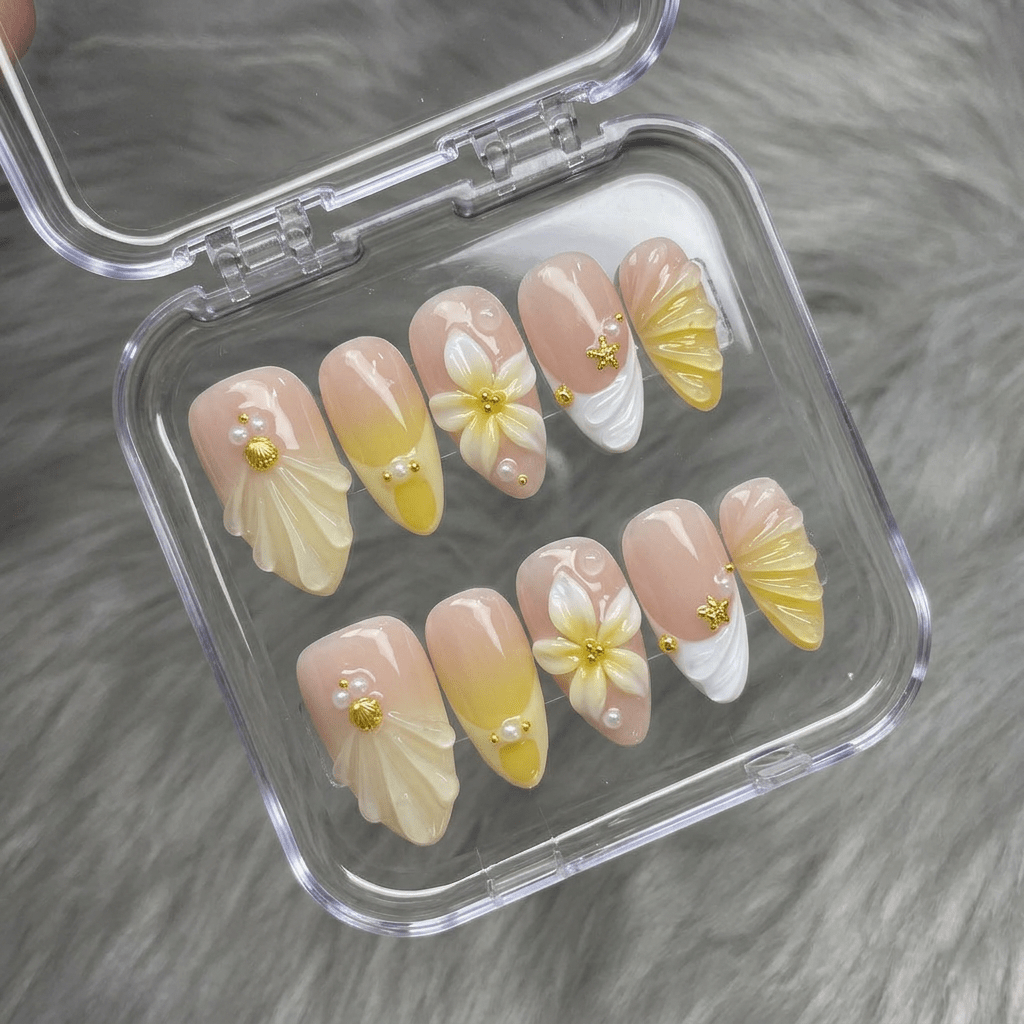 Siren Nectar floral nail design – handmade press-on nails by Handora