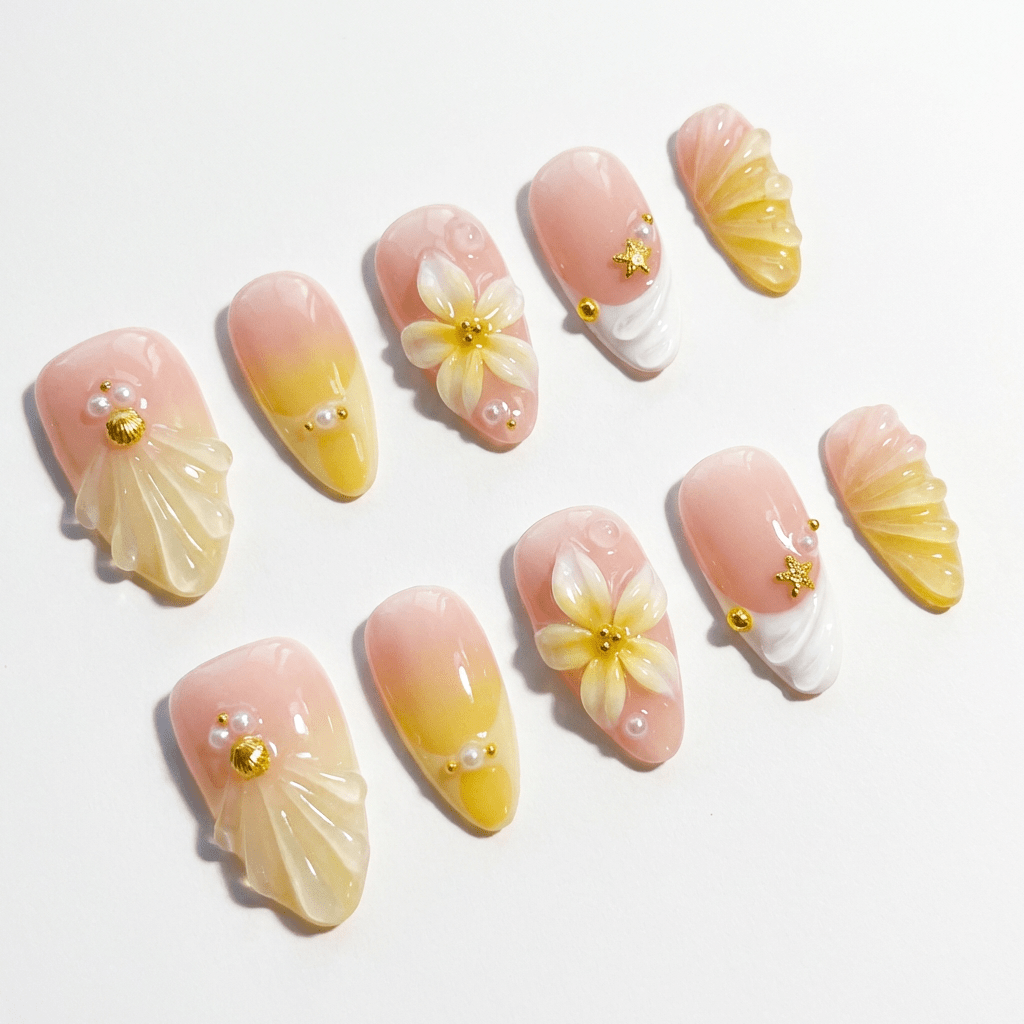 Siren Nectar press-on nails worn on hand – almond shape by Handora