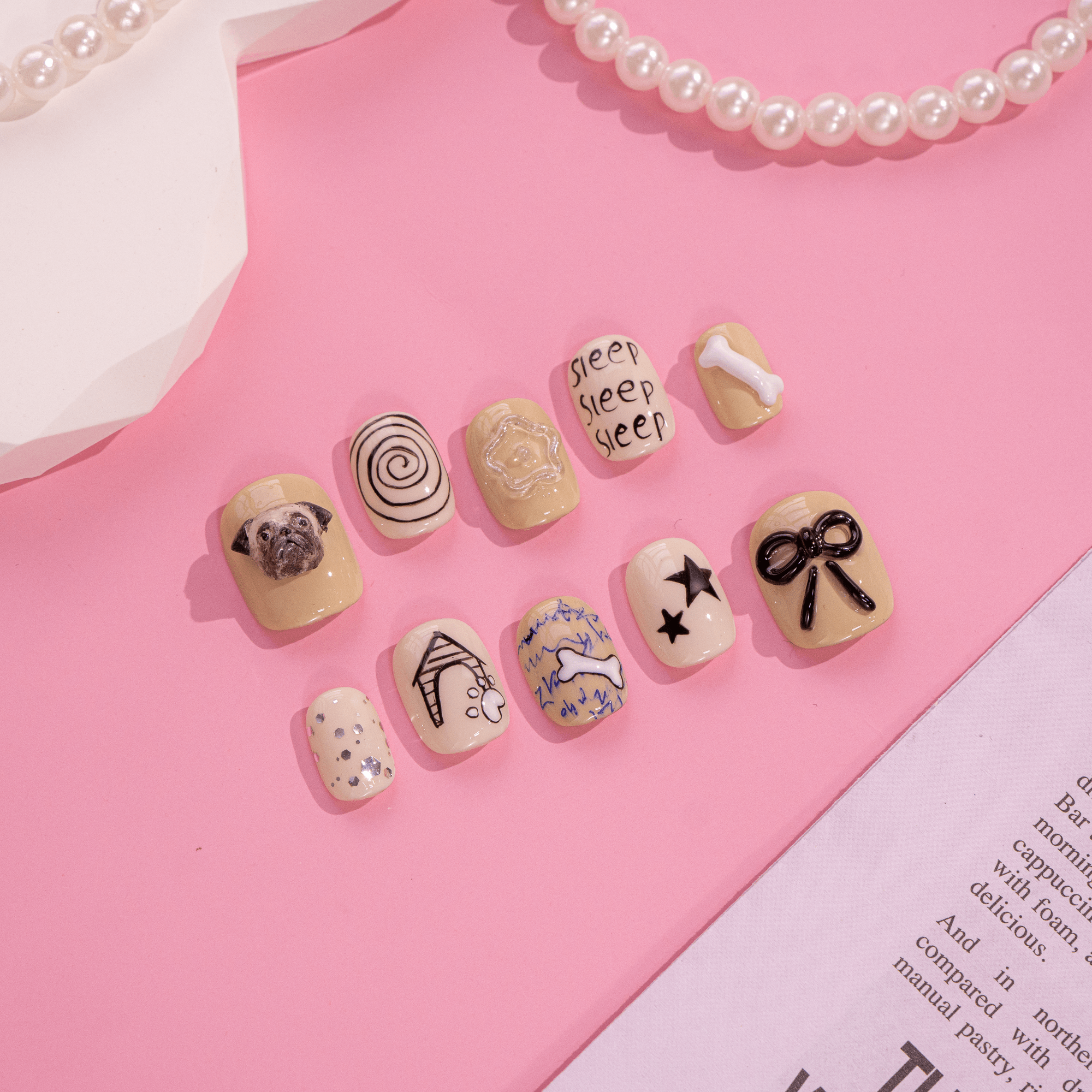 Sleepy Pug press-on nails – design close-up by Handora