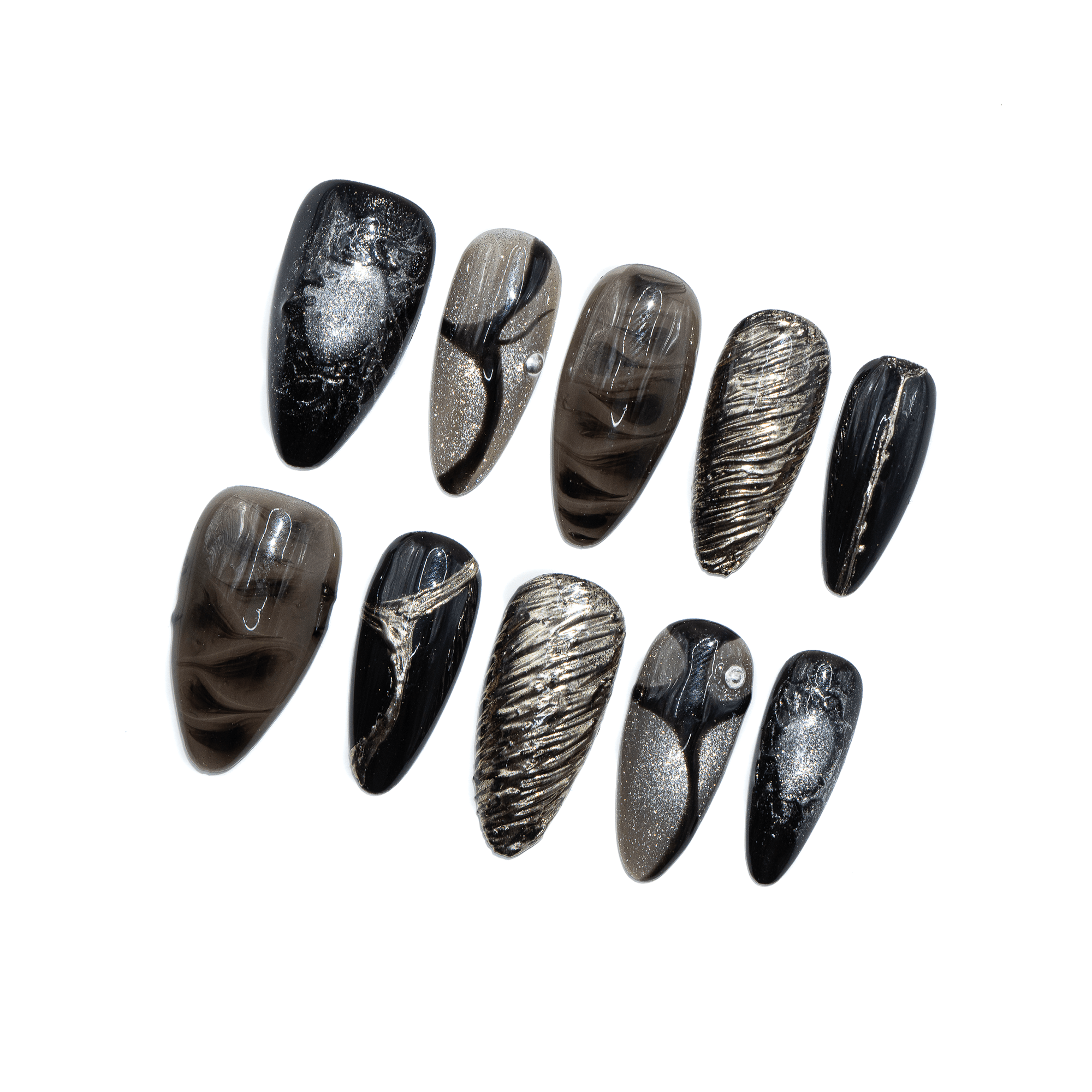 Smoky Gold Marble gothic nail design – handmade press-on nails by Handora