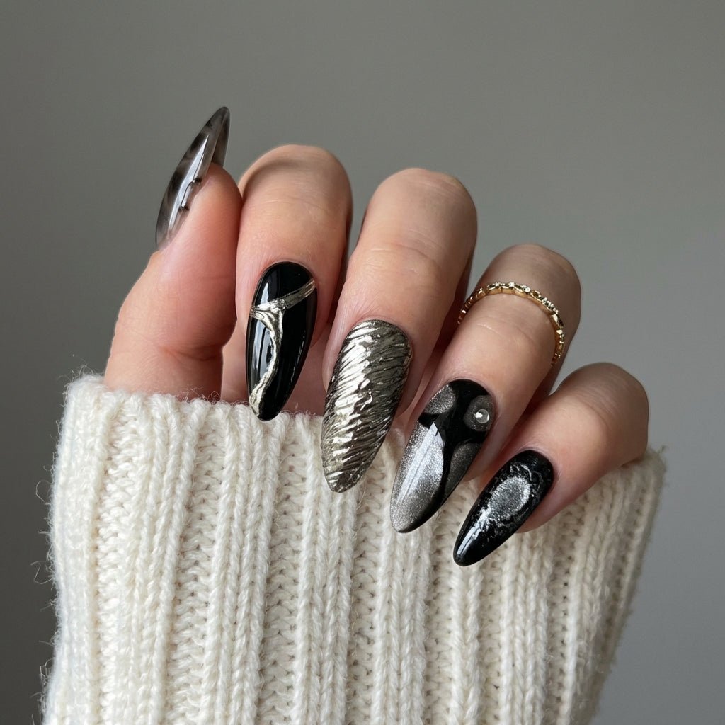 Smoky Gold Marble press-on nails – hand-painted reusable gel set by Handora