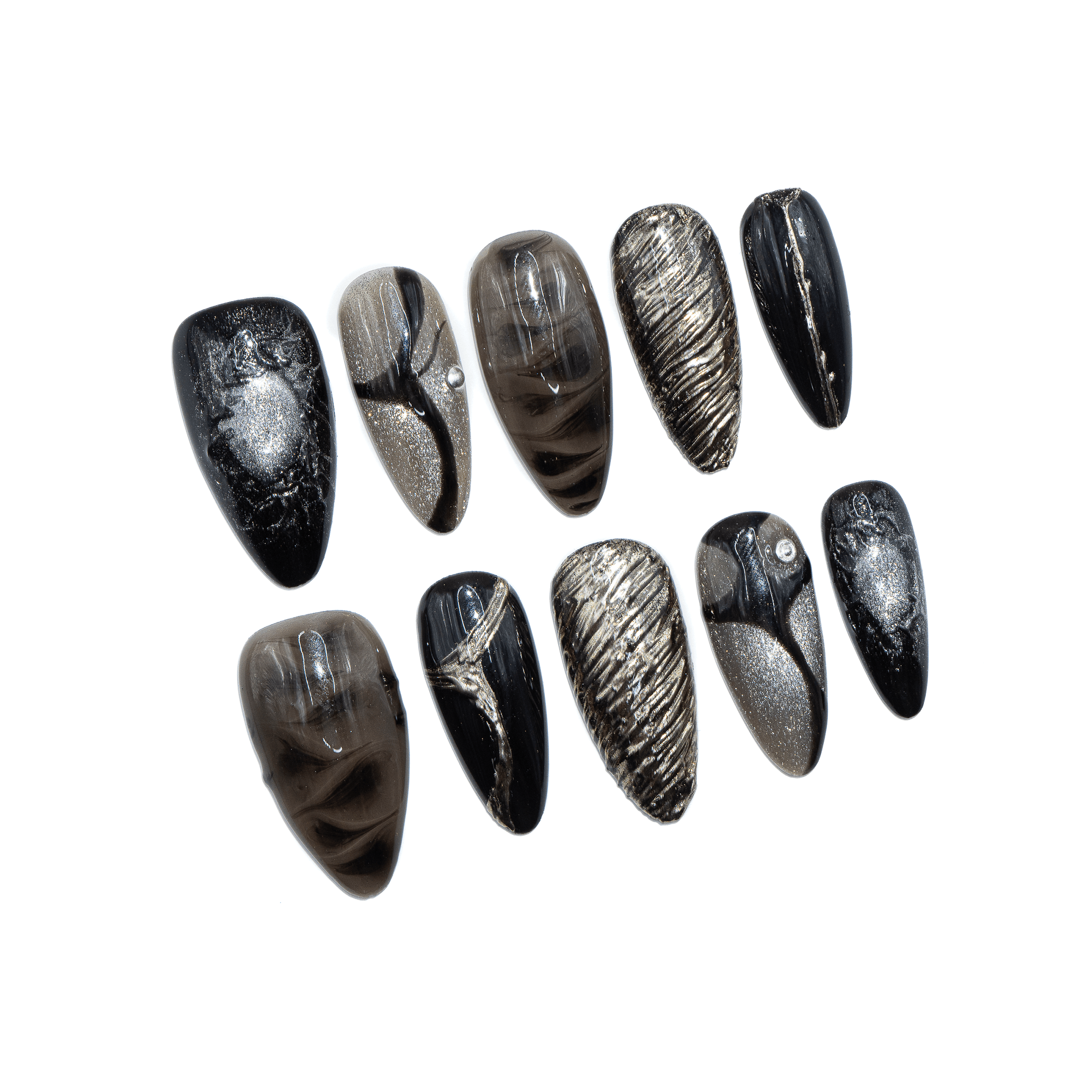 Smoky Gold Marble almond press-on nails – design close-up by Handora