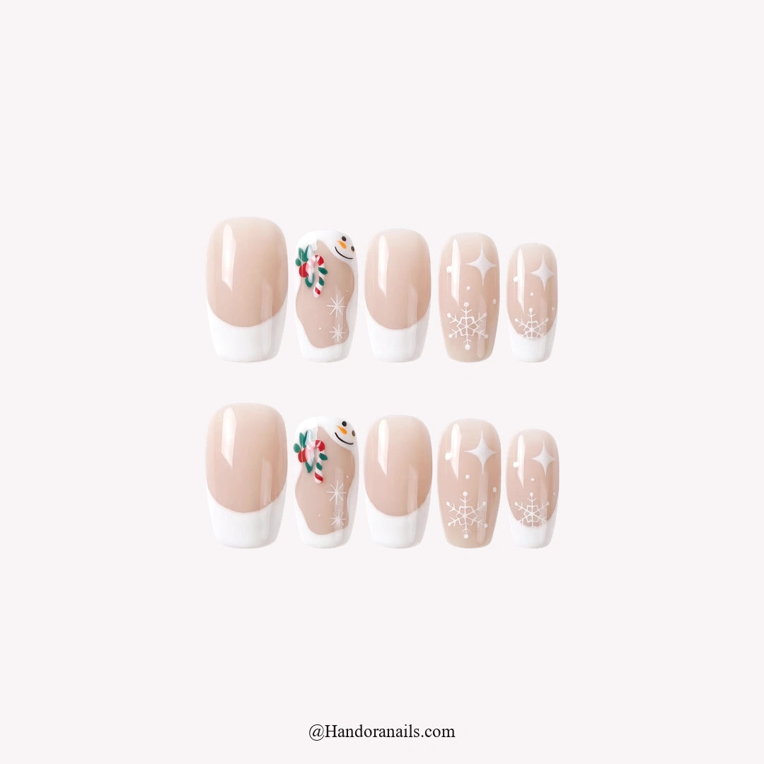 Snowman Hug Christmas press-on nails - white background by Handora Nails