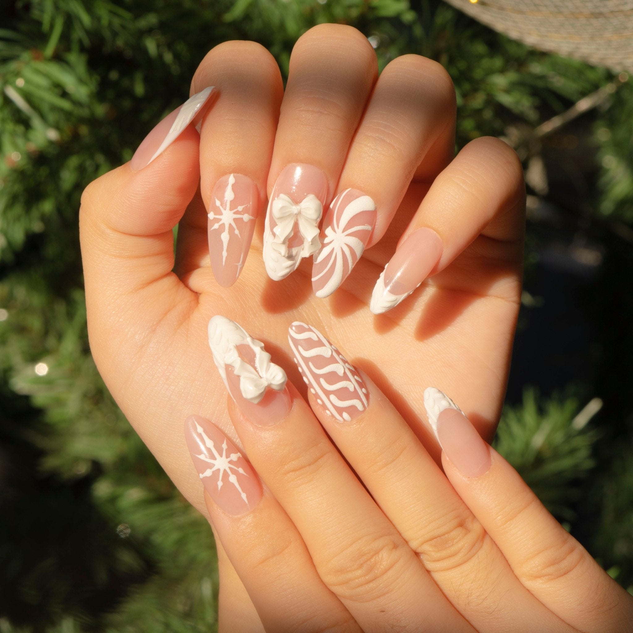 Snowy Chic press-on nails – hand-painted reusable gel set by Handora