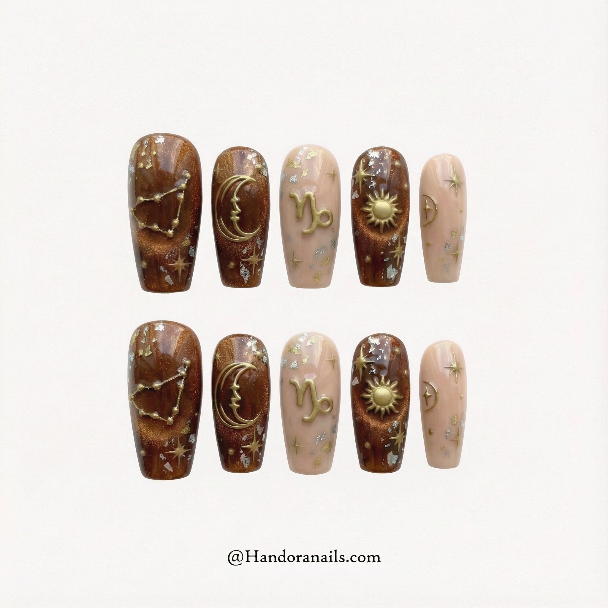 Solar Capricorn press-on nails – design close-up by Handora