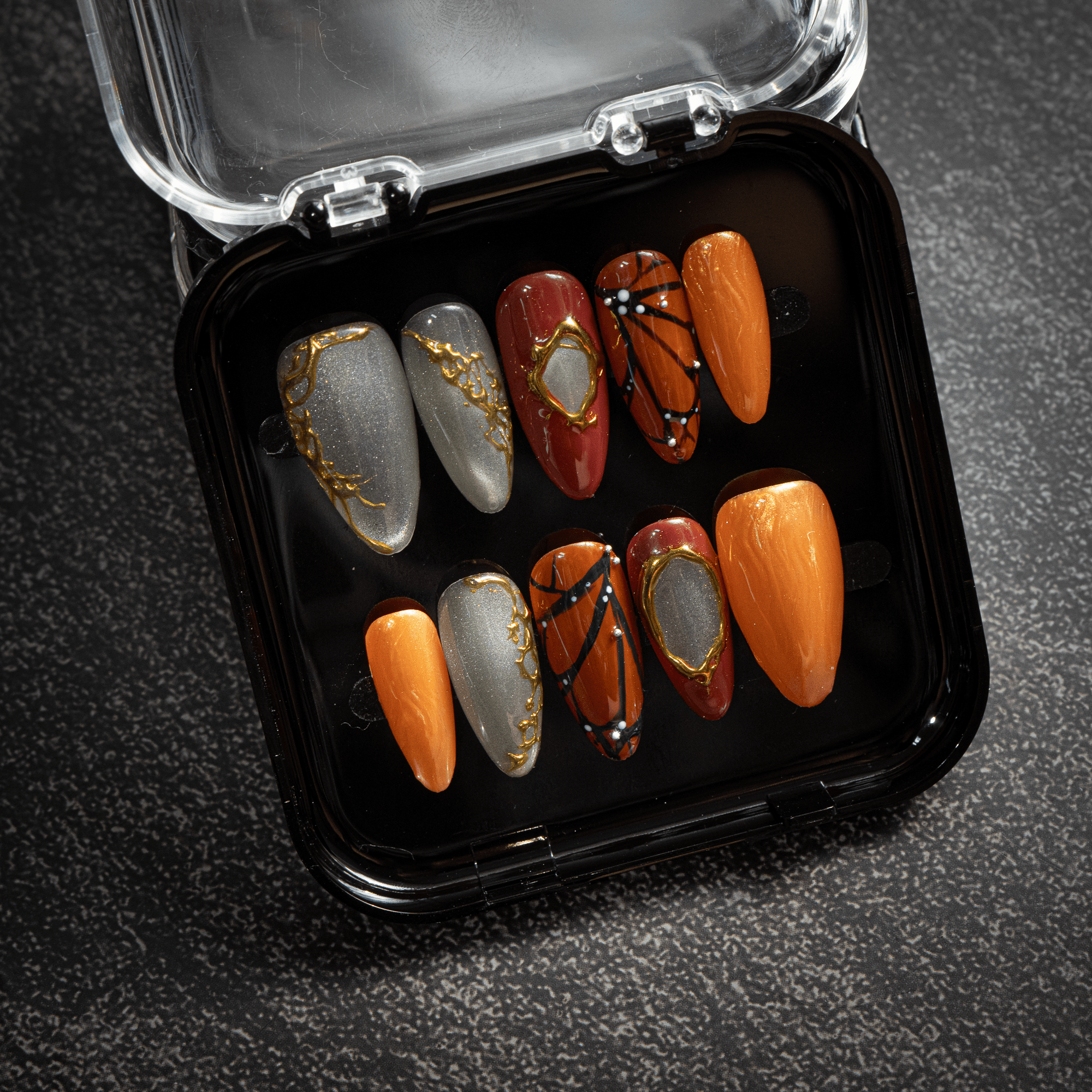 Solar Monarch press-on nails – design close-up by Handora