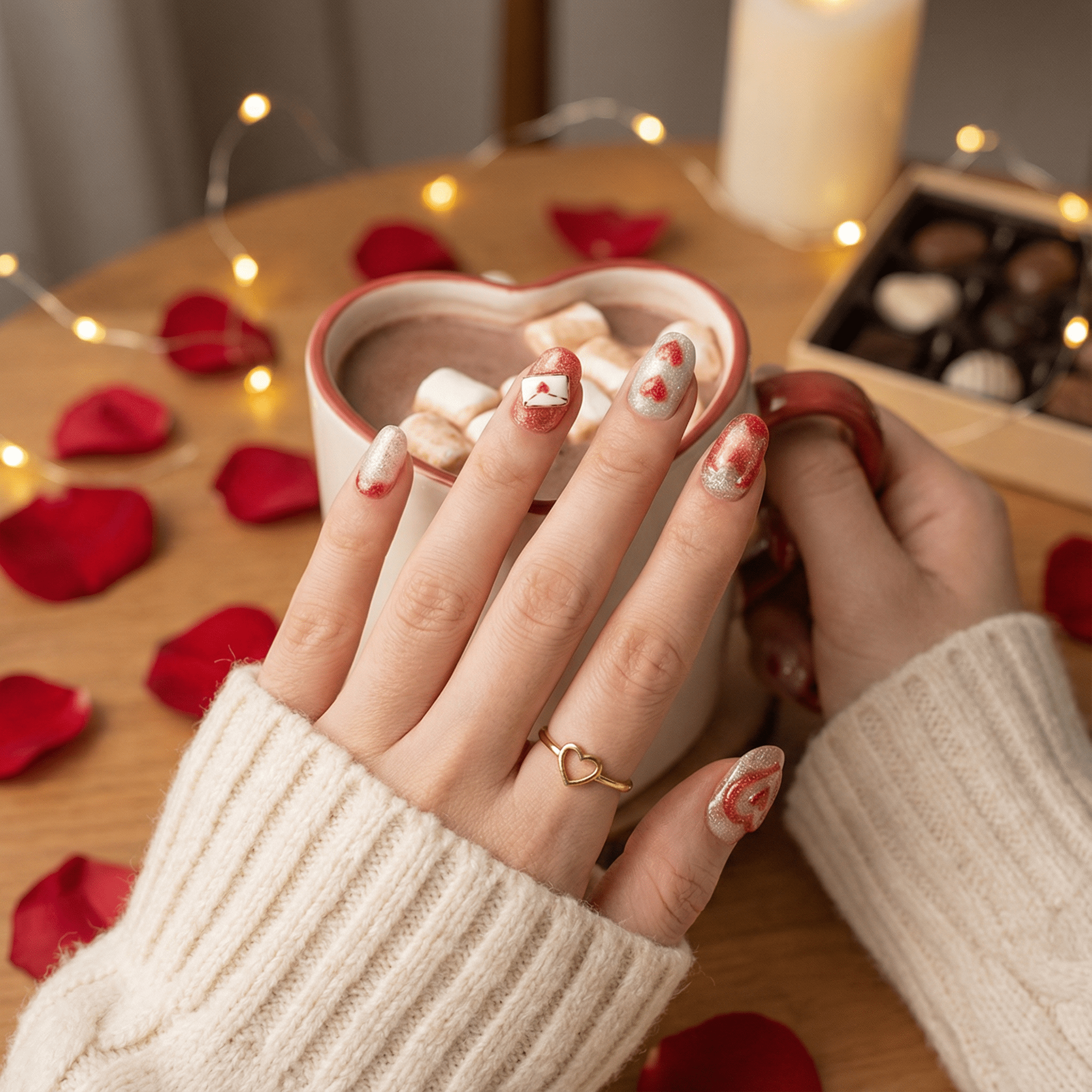Sparkling Hearts press-on nails – hand-painted reusable gel set by Handora